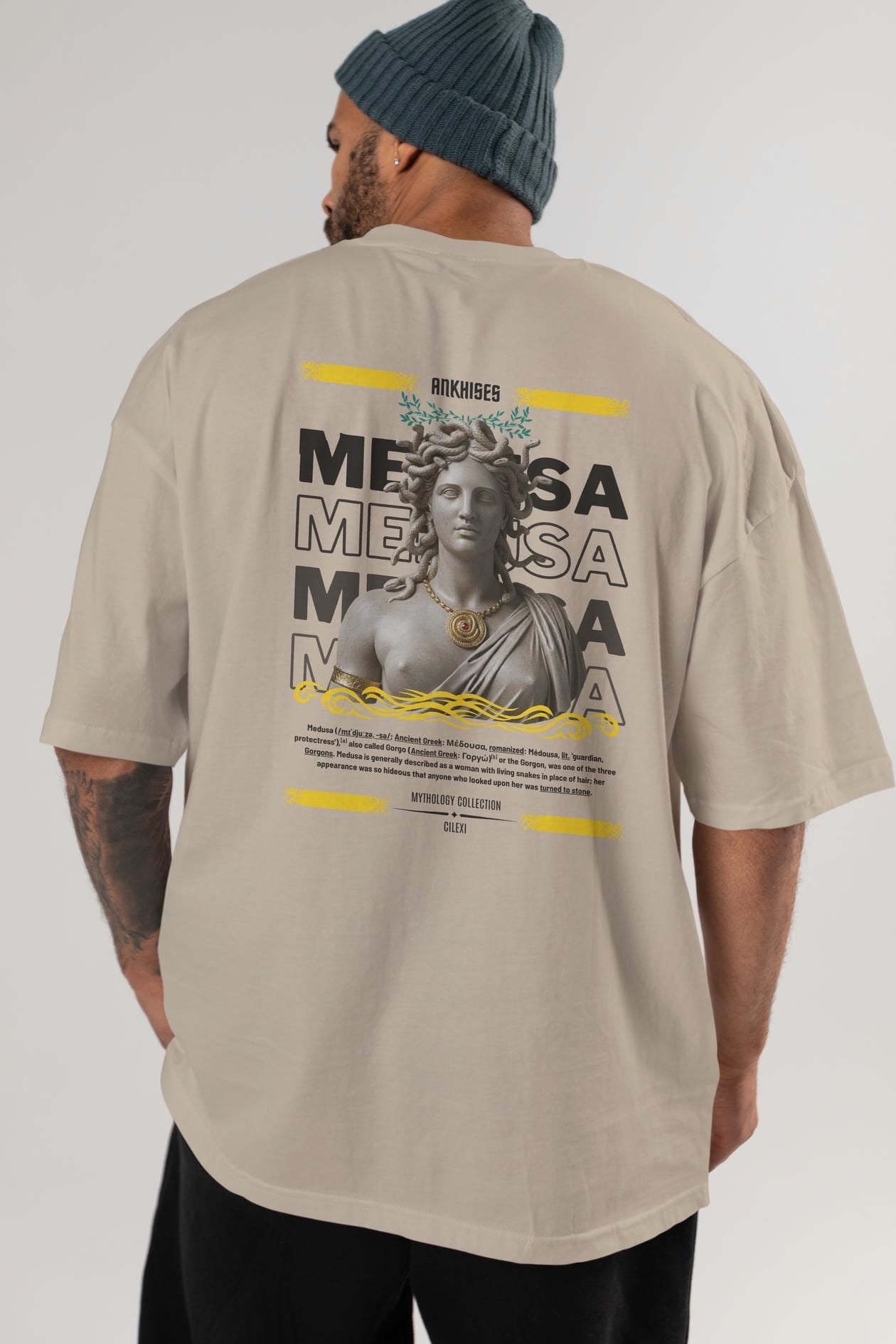 Medusa 4 Arka Baskılı Oversize t-shirt Erkek Kadın %100 Pamuk Bisiklet Yaka tişort