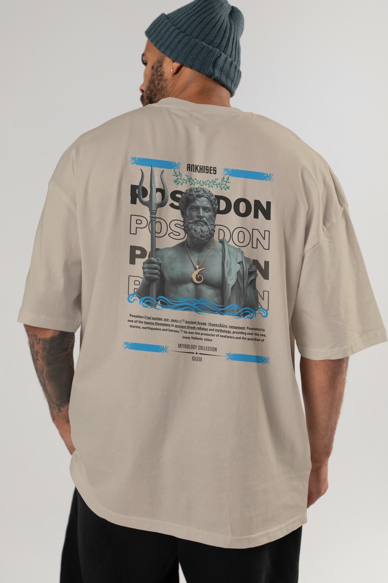 Poseidon 1 Arka Baskılı Oversize t-shirt Erkek Kadın %100 Pamuk Bisiklet Yaka tişort