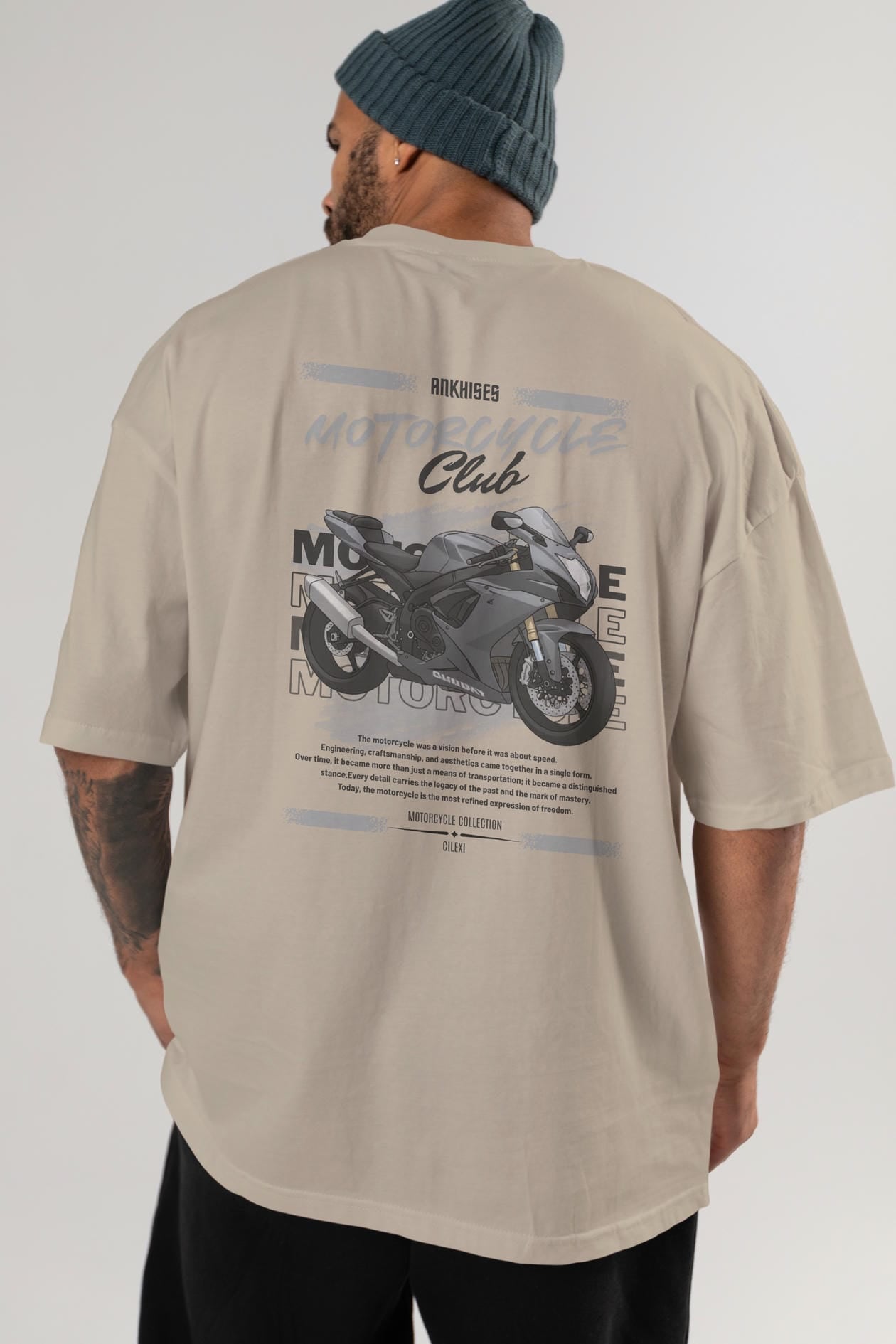 Motosiklet Serisi 10 Arka Baskılı Oversize t-shirt Erkek Kadın %100 Pamuk Bisiklet Yaka tişort