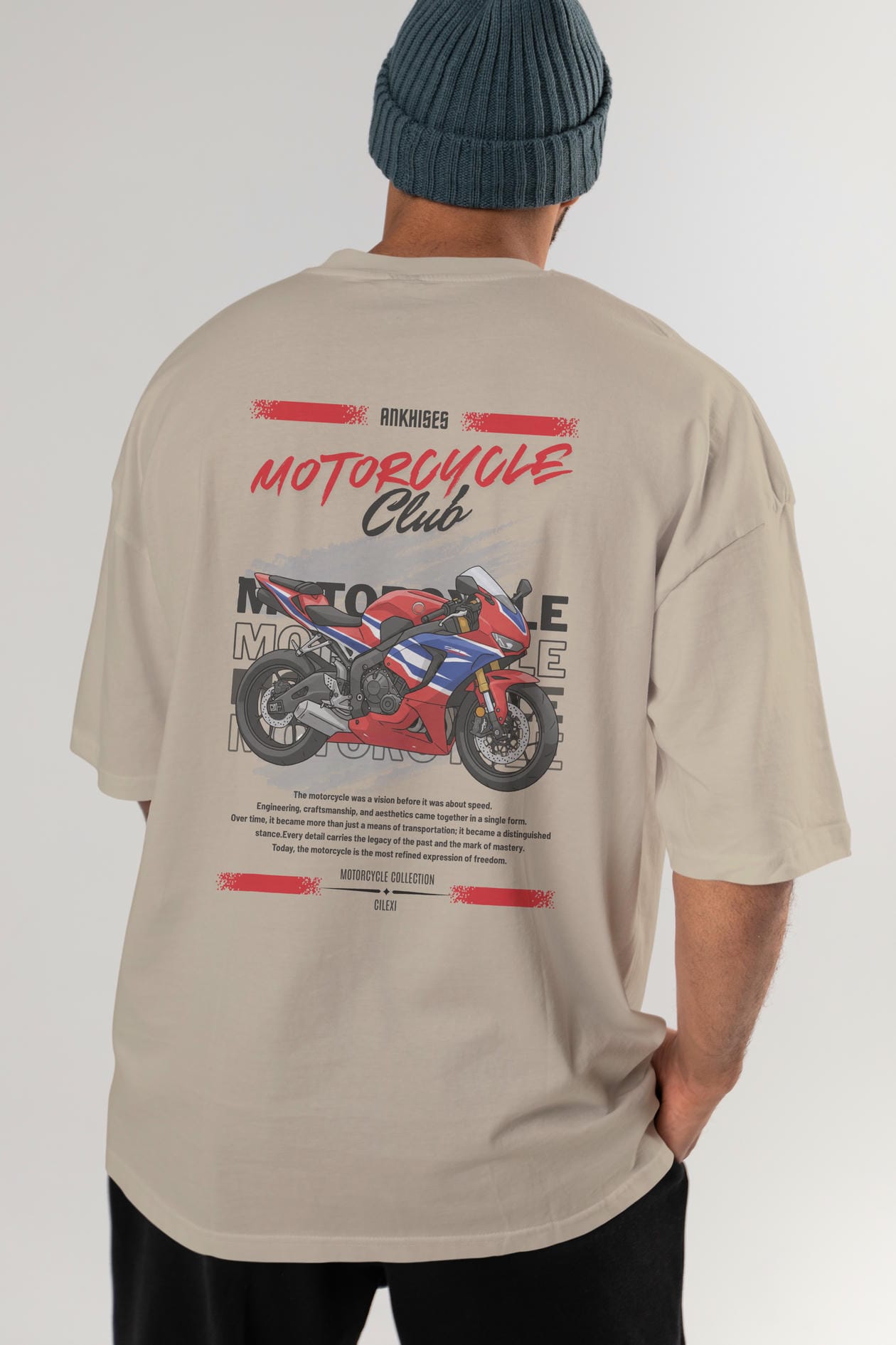Motosiklet Serisi 25 Arka Baskılı Oversize t-shirt Erkek Kadın %100 Pamuk Bisiklet Yaka tişort