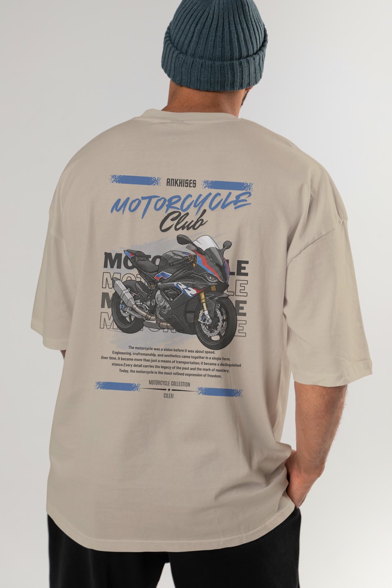 Motosiklet Serisi 2 Arka Baskılı Oversize t-shirt Erkek Kadın %100 Pamuk Bisiklet Yaka tişort