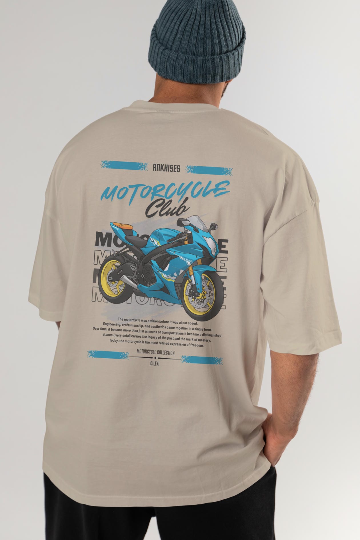 Motosiklet Serisi 11 Arka Baskılı Oversize t-shirt Erkek Kadın %100 Pamuk Bisiklet Yaka tişort