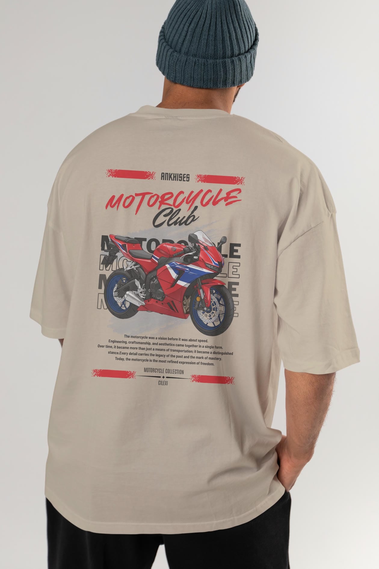 Motosiklet Serisi 24 Arka Baskılı Oversize t-shirt Erkek Kadın %100 Pamuk Bisiklet Yaka tişort