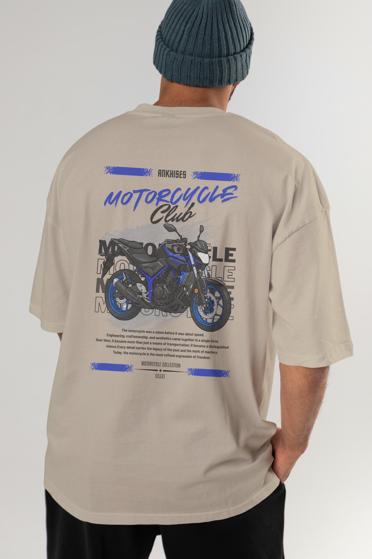 Motosiklet Serisi 22 Arka Baskılı Oversize t-shirt Erkek Kadın %100 Pamuk Bisiklet Yaka tişort