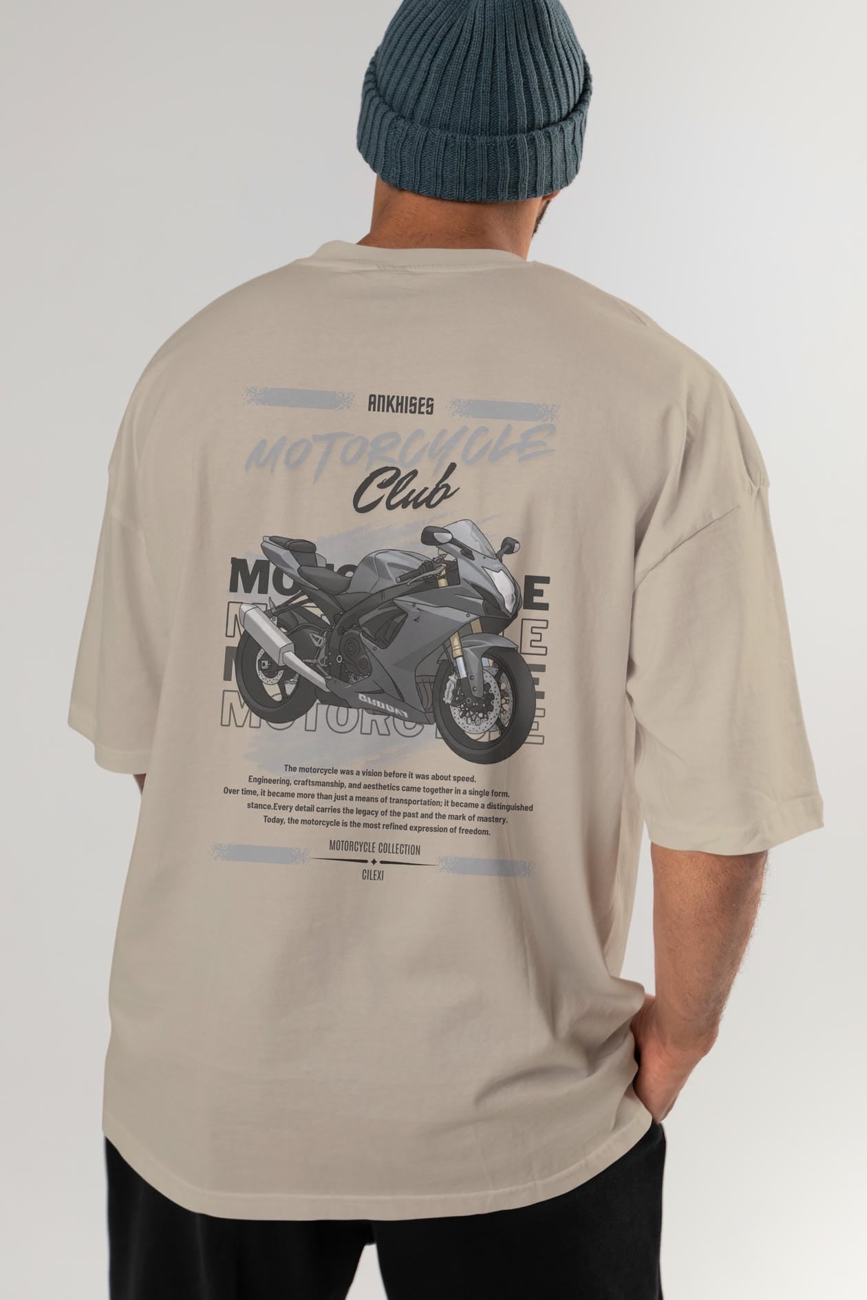 Motosiklet Serisi 10 Arka Baskılı Oversize t-shirt Erkek Kadın %100 Pamuk Bisiklet Yaka tişort