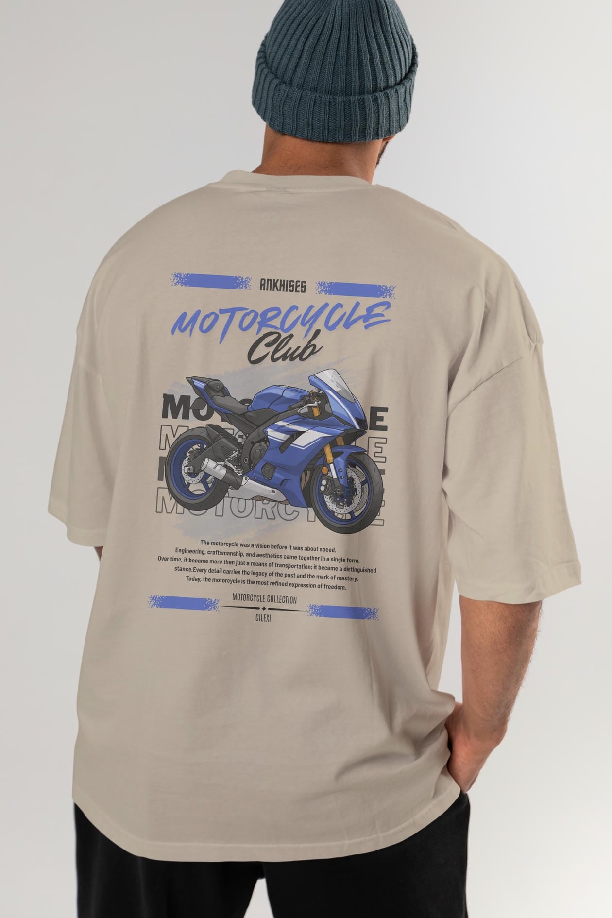 Motosiklet Serisi 32 Arka Baskılı Oversize t-shirt Erkek Kadın %100 Pamuk Bisiklet Yaka tişort