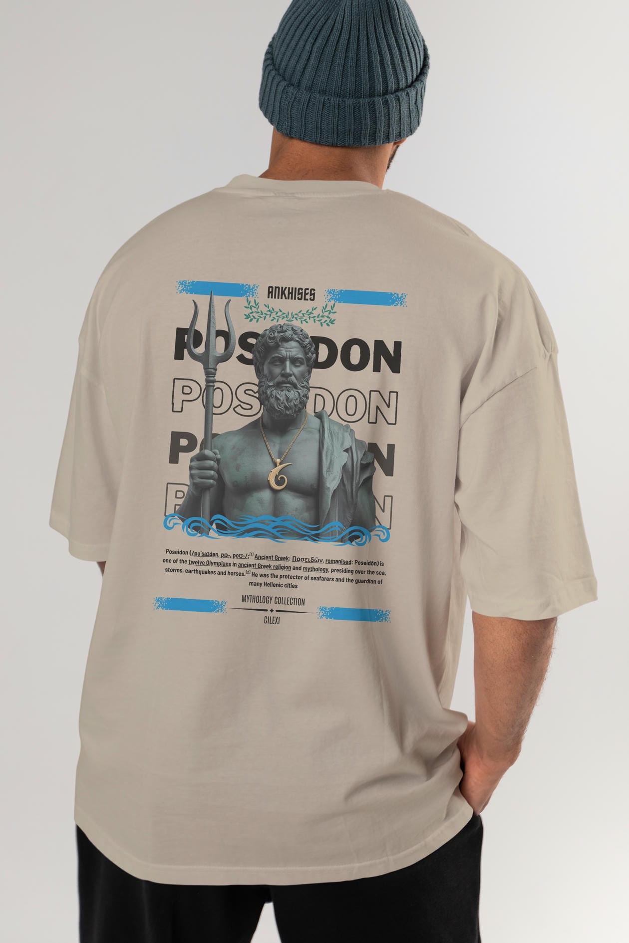 Poseidon 1 Arka Baskılı Oversize t-shirt Erkek Kadın %100 Pamuk Bisiklet Yaka tişort
