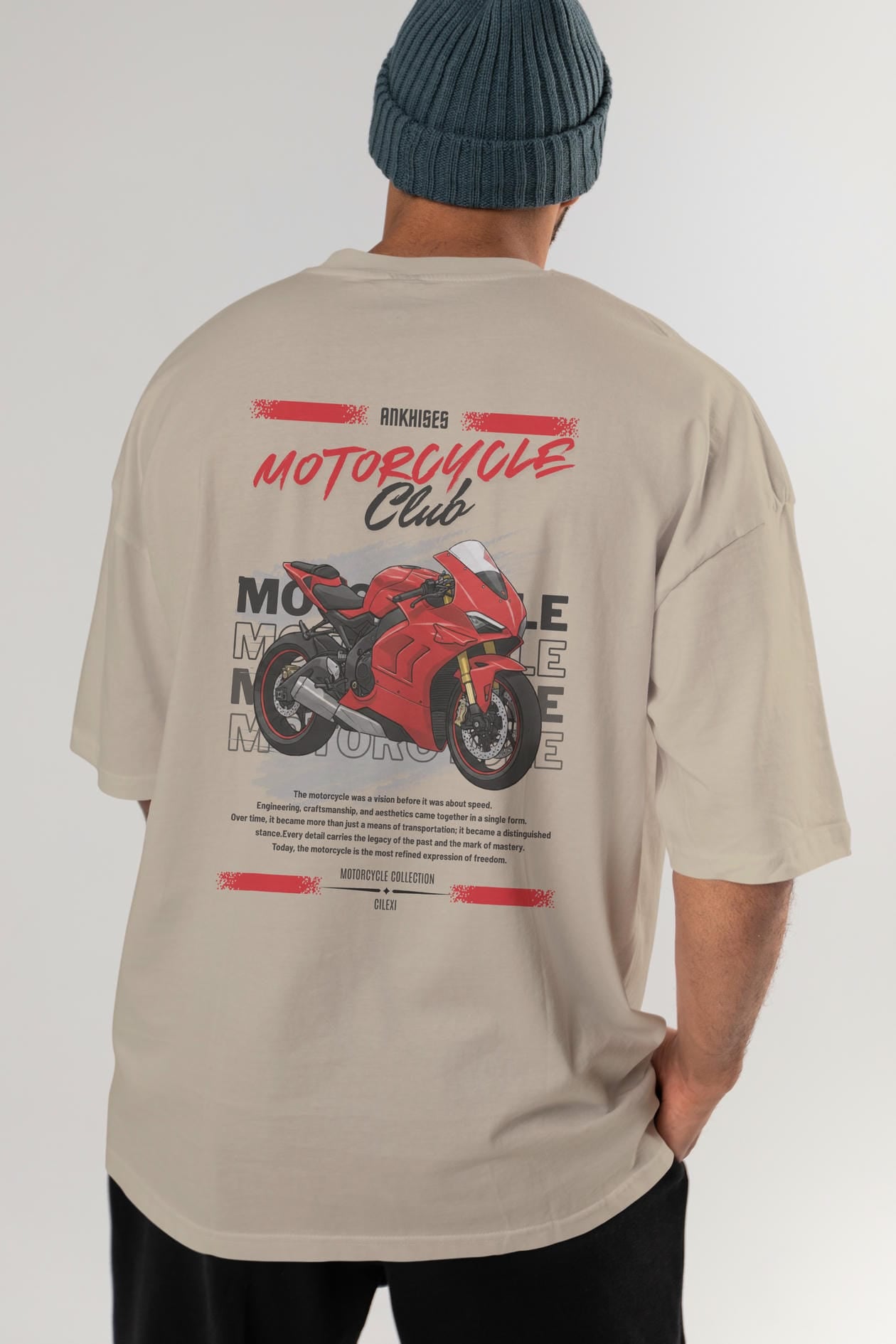 Motosiklet Serisi 7 Arka Baskılı Oversize t-shirt Erkek Kadın %100 Pamuk Bisiklet Yaka tişort