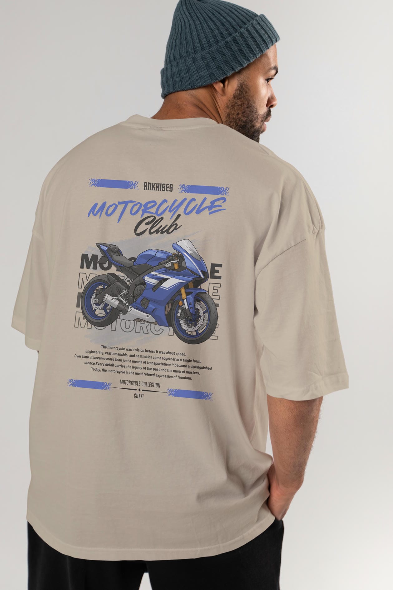 Motosiklet Serisi 32 Arka Baskılı Oversize t-shirt Erkek Kadın %100 Pamuk Bisiklet Yaka tişort