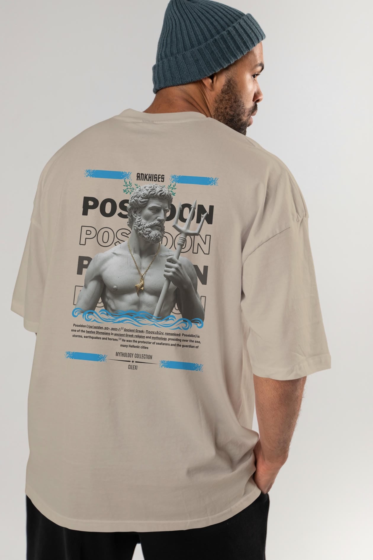 Poseidon 3 Arka Baskılı Oversize t-shirt Erkek Kadın %100 Pamuk Bisiklet Yaka tişort