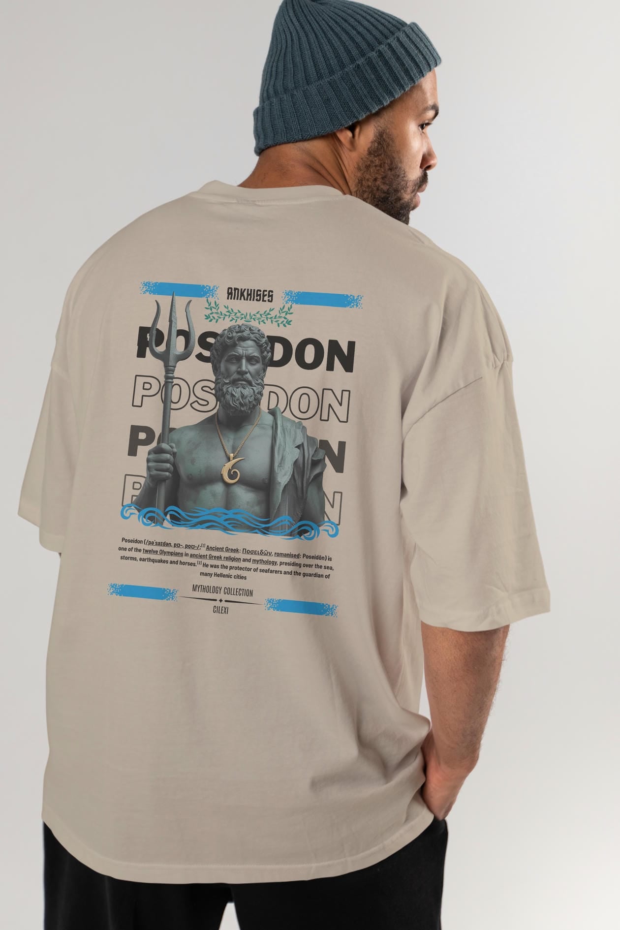 Poseidon 1 Arka Baskılı Oversize t-shirt Erkek Kadın %100 Pamuk Bisiklet Yaka tişort