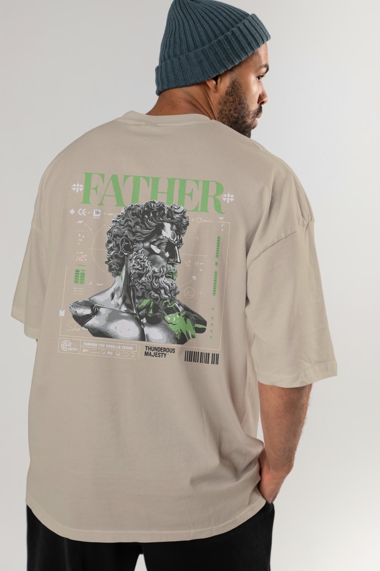 Father Zeus Arka Baskılı Oversize t-shirt Erkek Kadın %100 Pamuk Bisiklet Yaka tişort