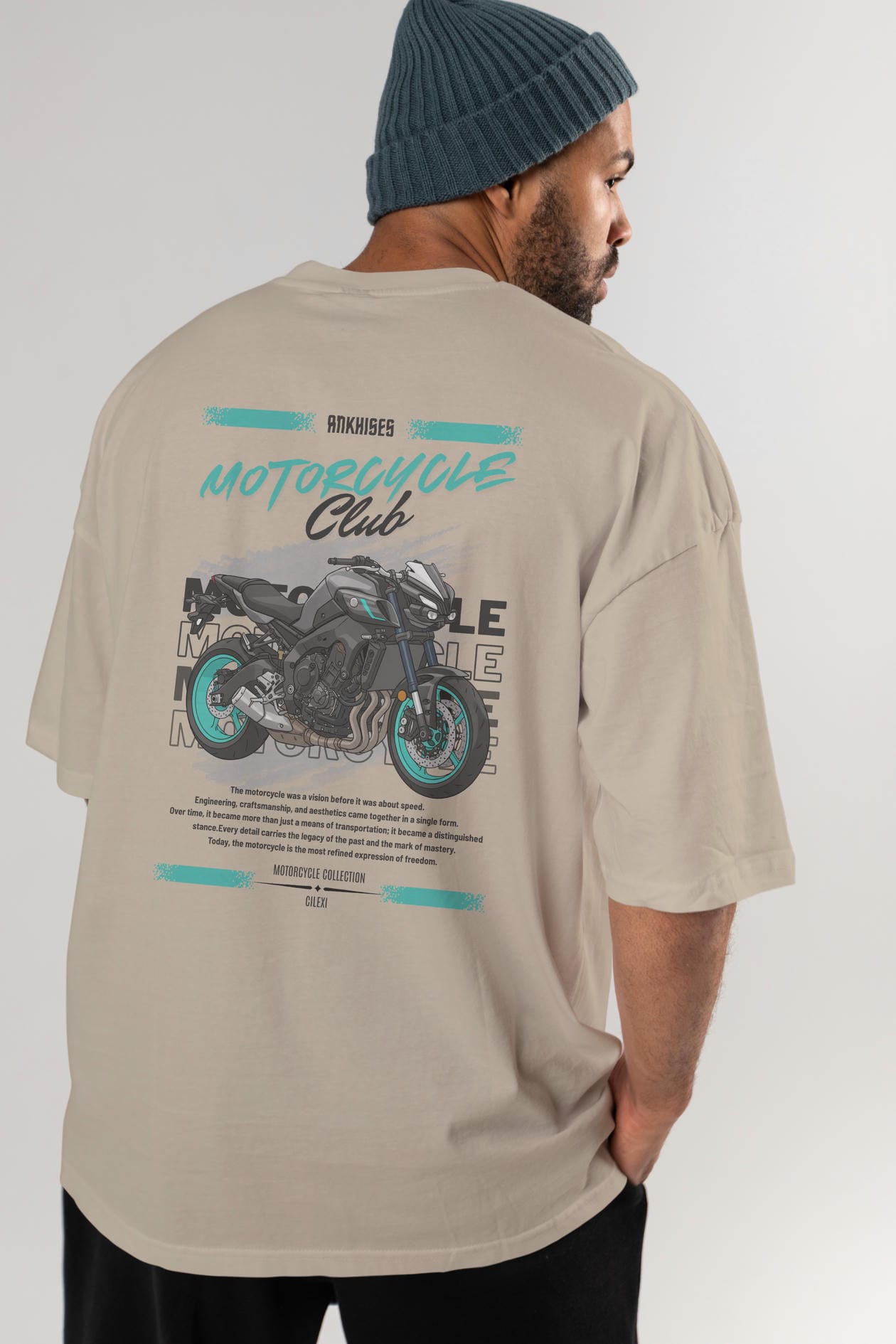 Motosiklet Serisi 21 Arka Baskılı Oversize t-shirt Erkek Kadın %100 Pamuk Bisiklet Yaka tişort