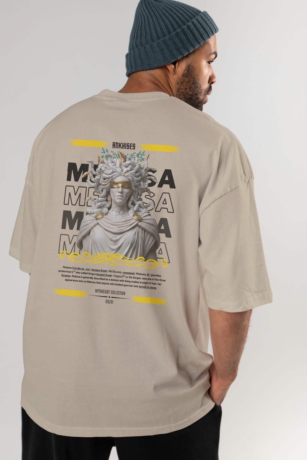 Medusa 2 Arka Baskılı Oversize t-shirt Erkek Kadın %100 Pamuk Bisiklet Yaka tişort