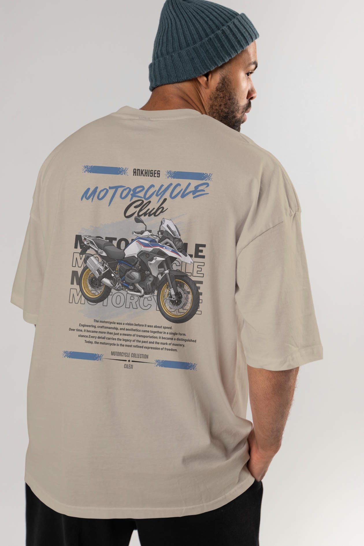 Motosiklet Serisi 27 Arka Baskılı Oversize t-shirt Erkek Kadın %100 Pamuk Bisiklet Yaka tişort