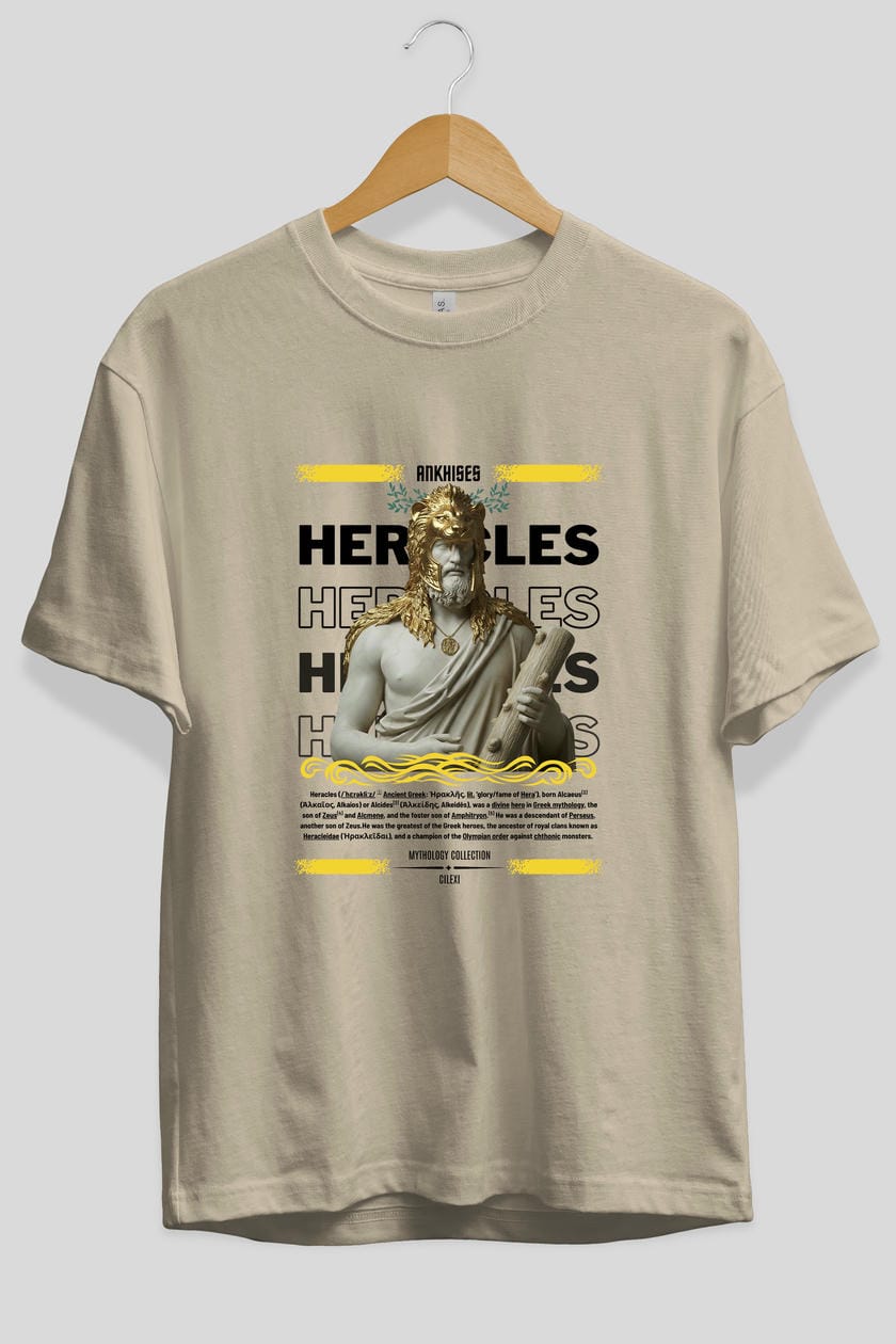Heracles 1 ön Baskılı Oversize t-shirt Erkek Kadın %100 Pamuk Bisiklet Yaka tişort
