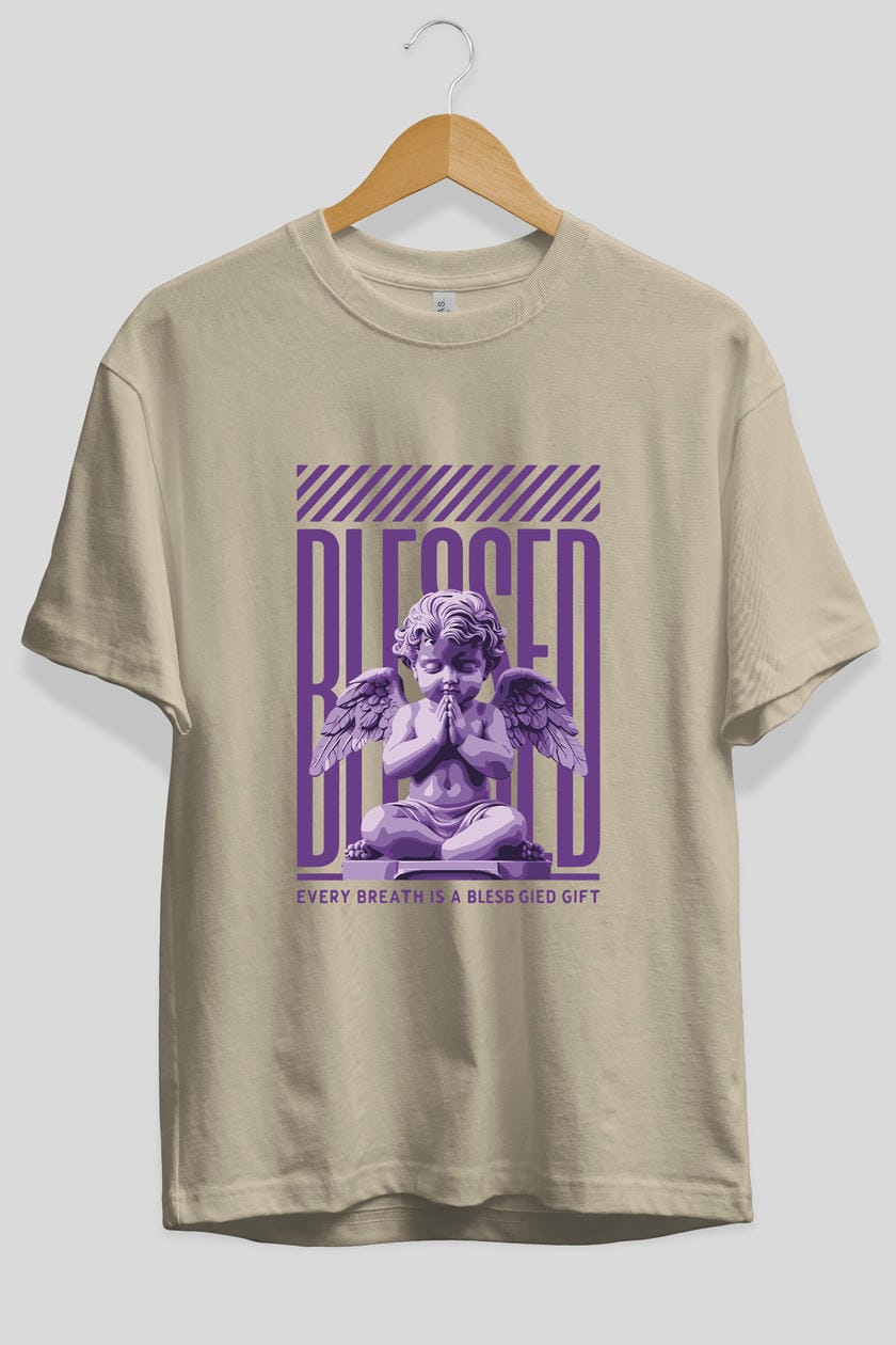 Blessed ön Baskılı Oversize t-shirt Erkek Kadın %100 Pamuk Bisiklet Yaka tişort