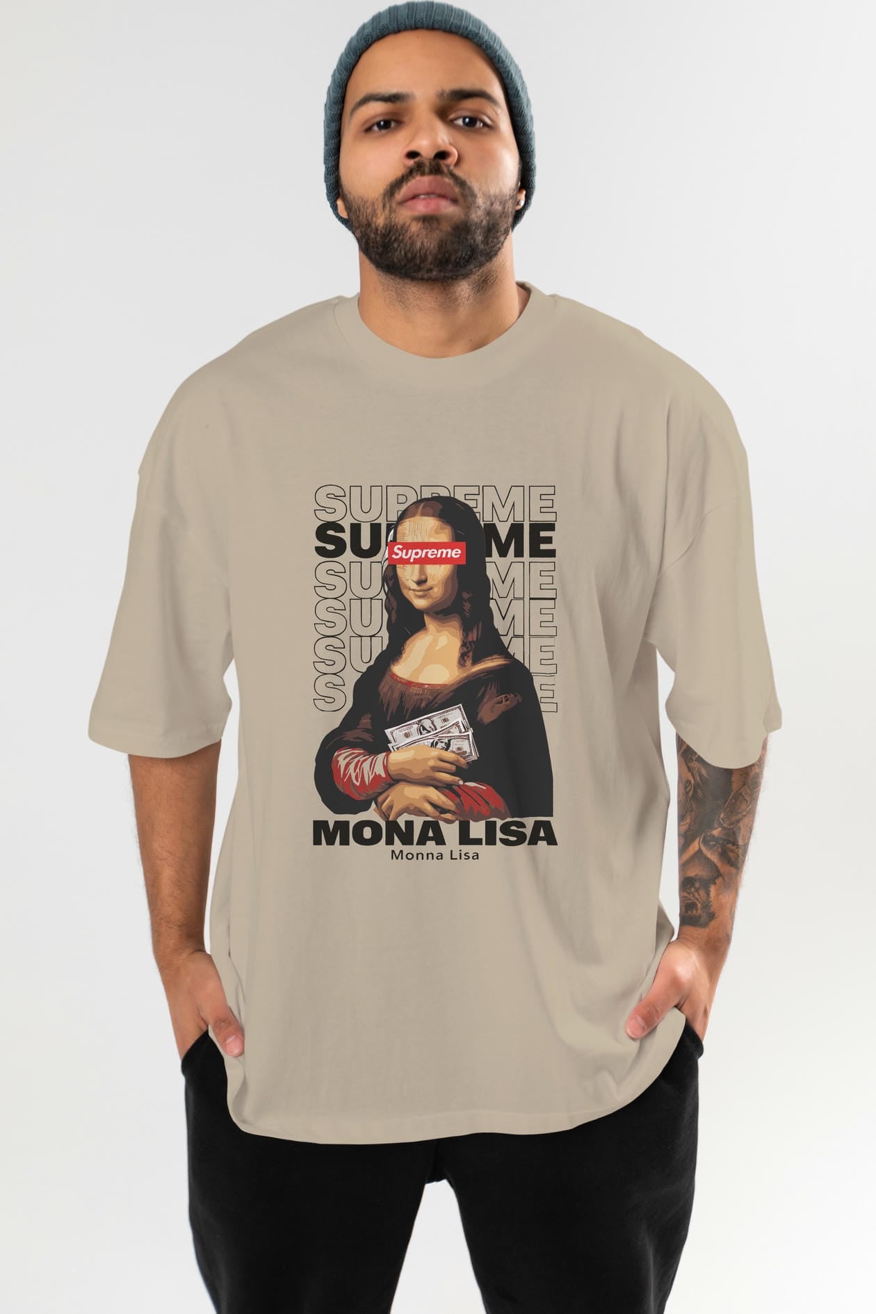 Mona Lisa Supreme ön Baskılı Oversize t-shirt Erkek Kadın %100 Pamuk Bisiklet Yaka tişort