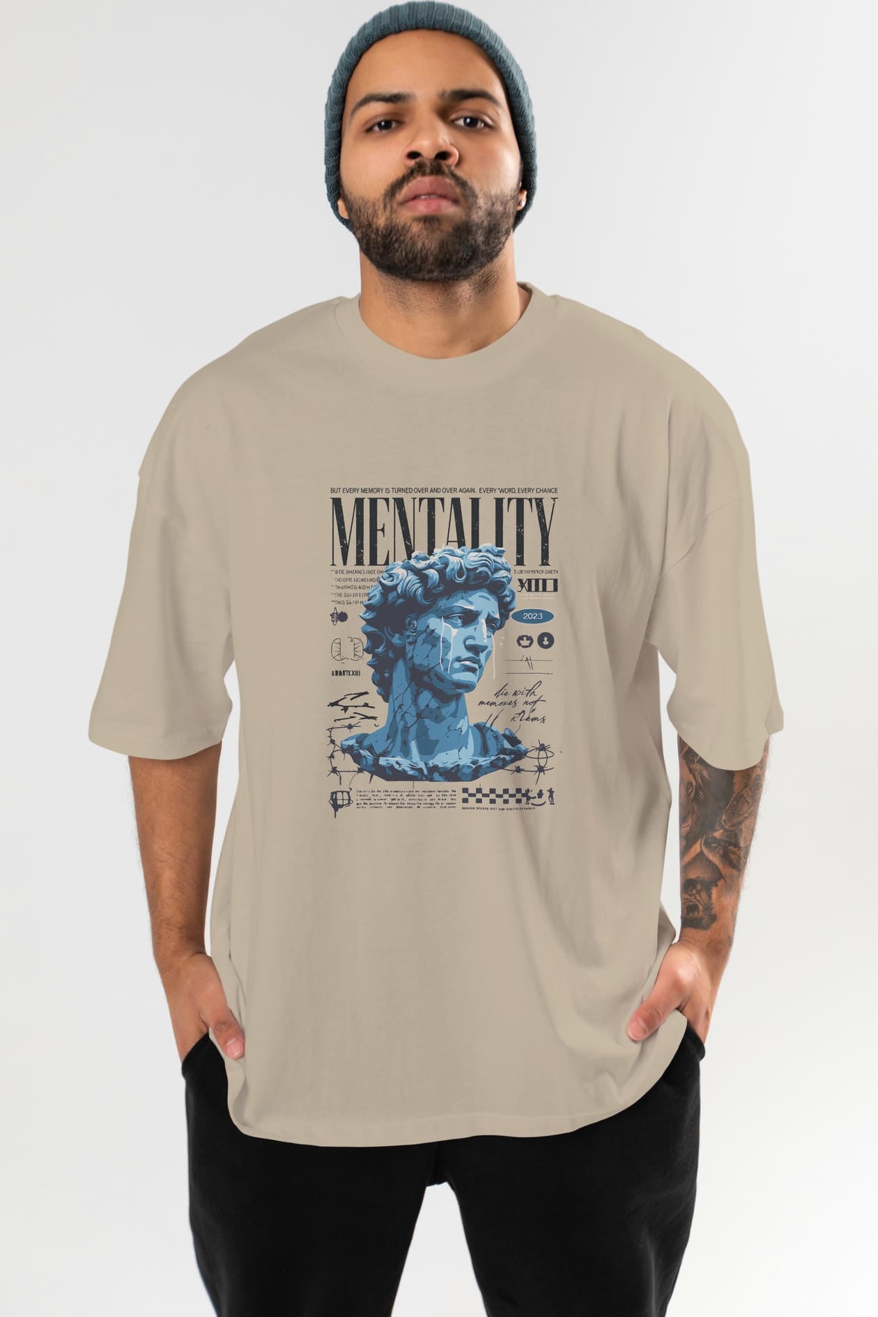 Mentality 2 ön Baskılı Oversize t-shirt Erkek Kadın %100 Pamuk Bisiklet Yaka tişort
