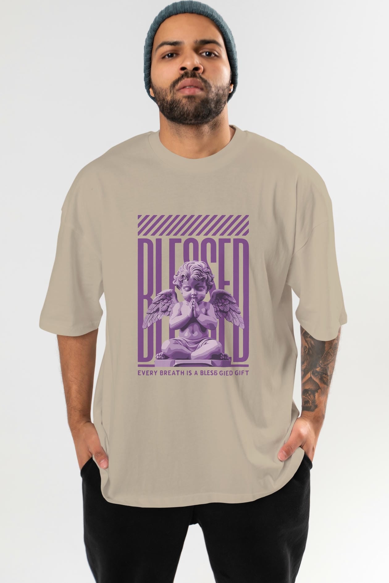 Blessed ön Baskılı Oversize t-shirt Erkek Kadın %100 Pamuk Bisiklet Yaka tişort