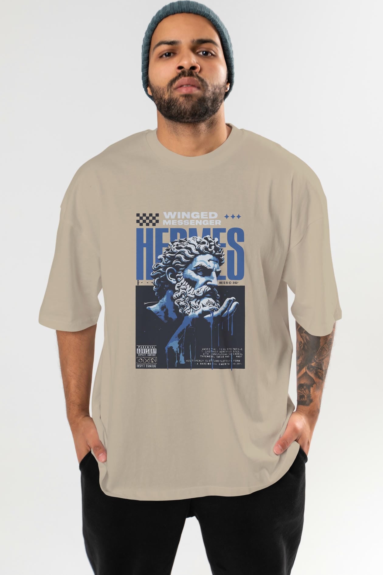 Hermes 2 ön Baskılı Oversize t-shirt Erkek Kadın %100 Pamuk Bisiklet Yaka tişort