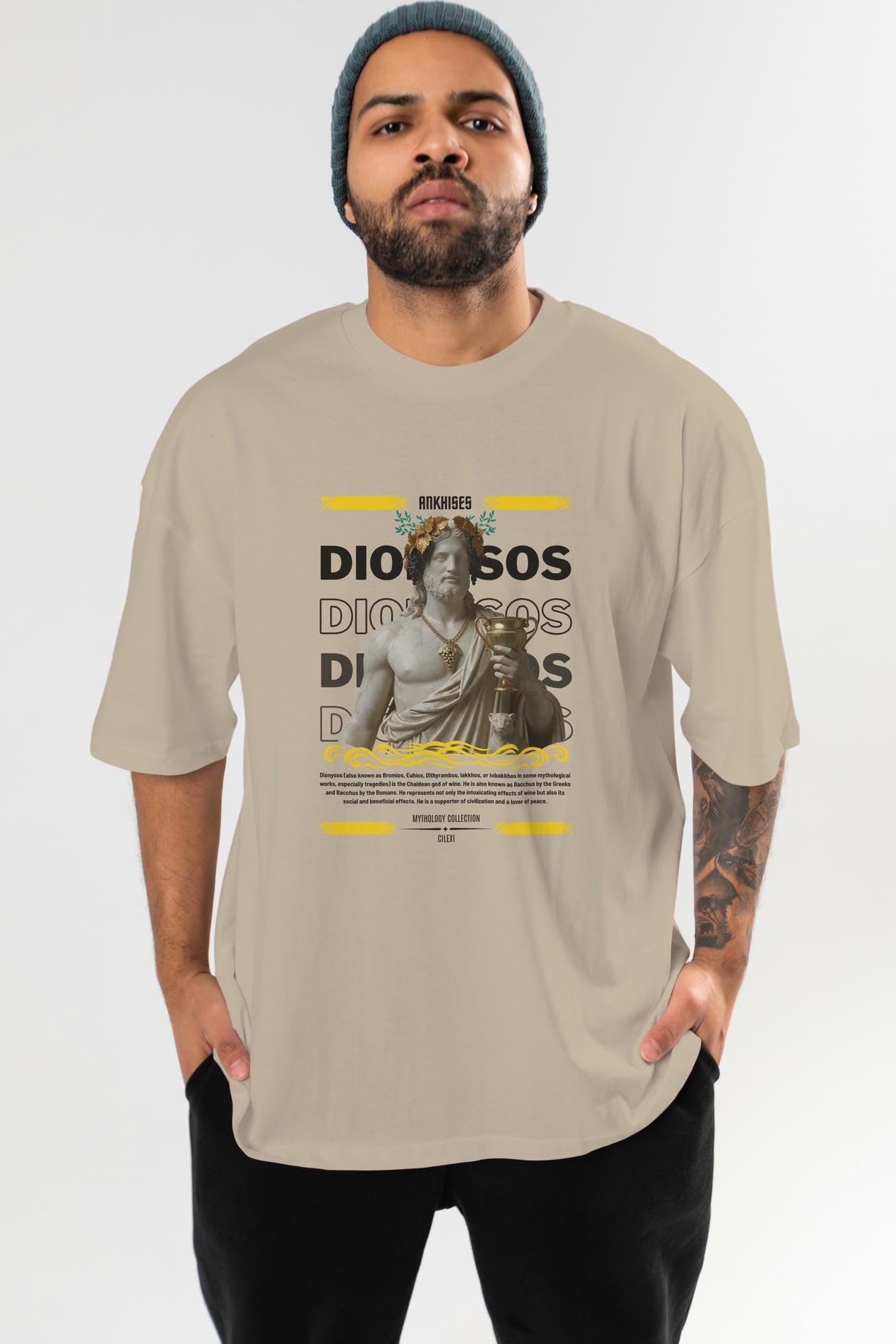 Dionysos 2 ön Baskılı Oversize t-shirt Erkek Kadın %100 Pamuk Bisiklet Yaka tişort