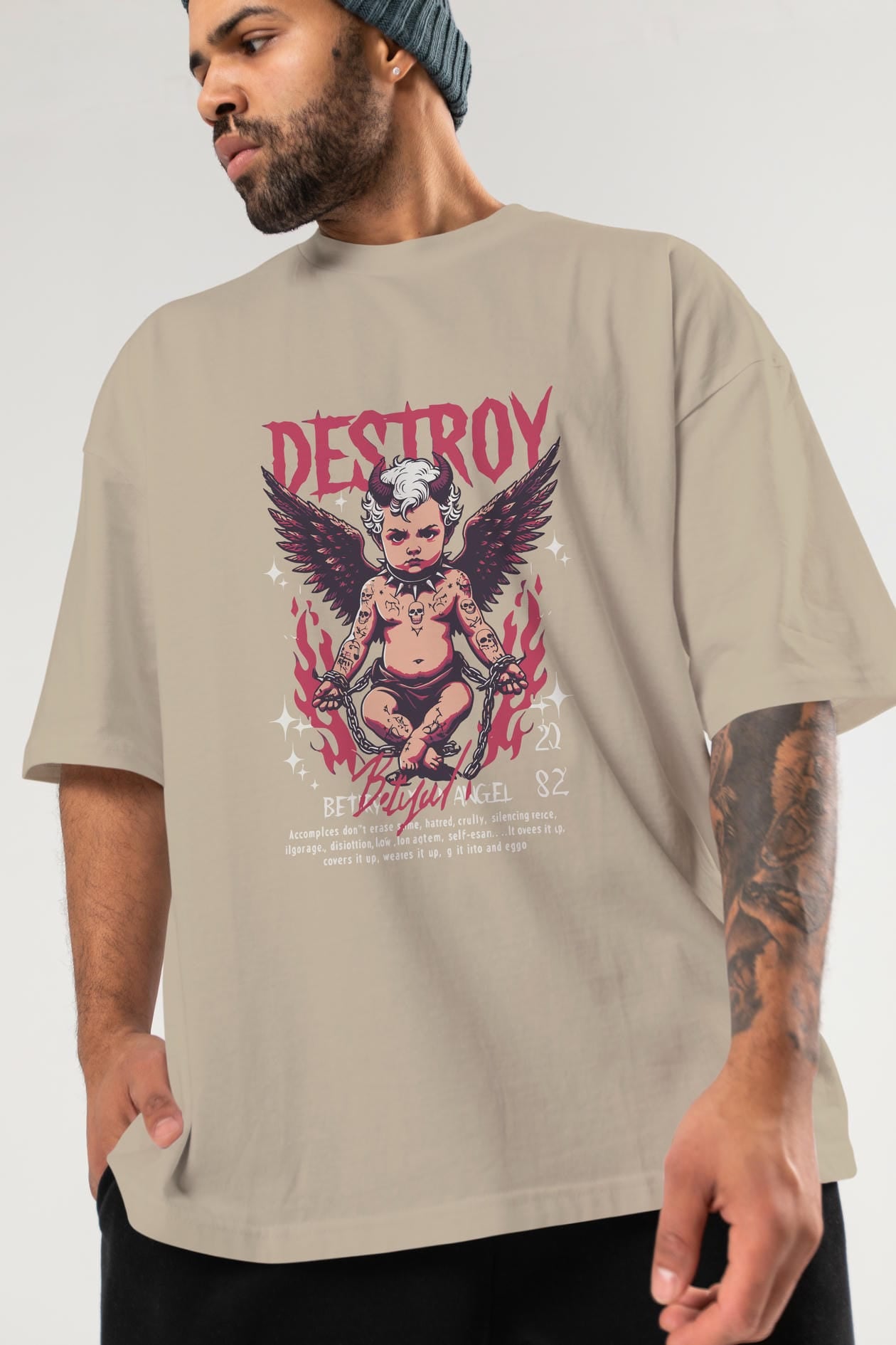 Destroy ön Baskılı Oversize t-shirt Erkek Kadın %100 Pamuk Bisiklet Yaka tişort