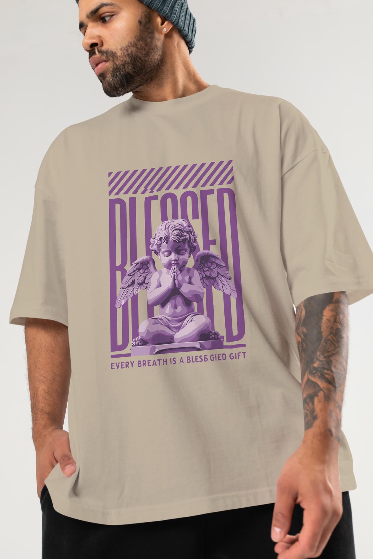 Blessed ön Baskılı Oversize t-shirt Erkek Kadın %100 Pamuk Bisiklet Yaka tişort
