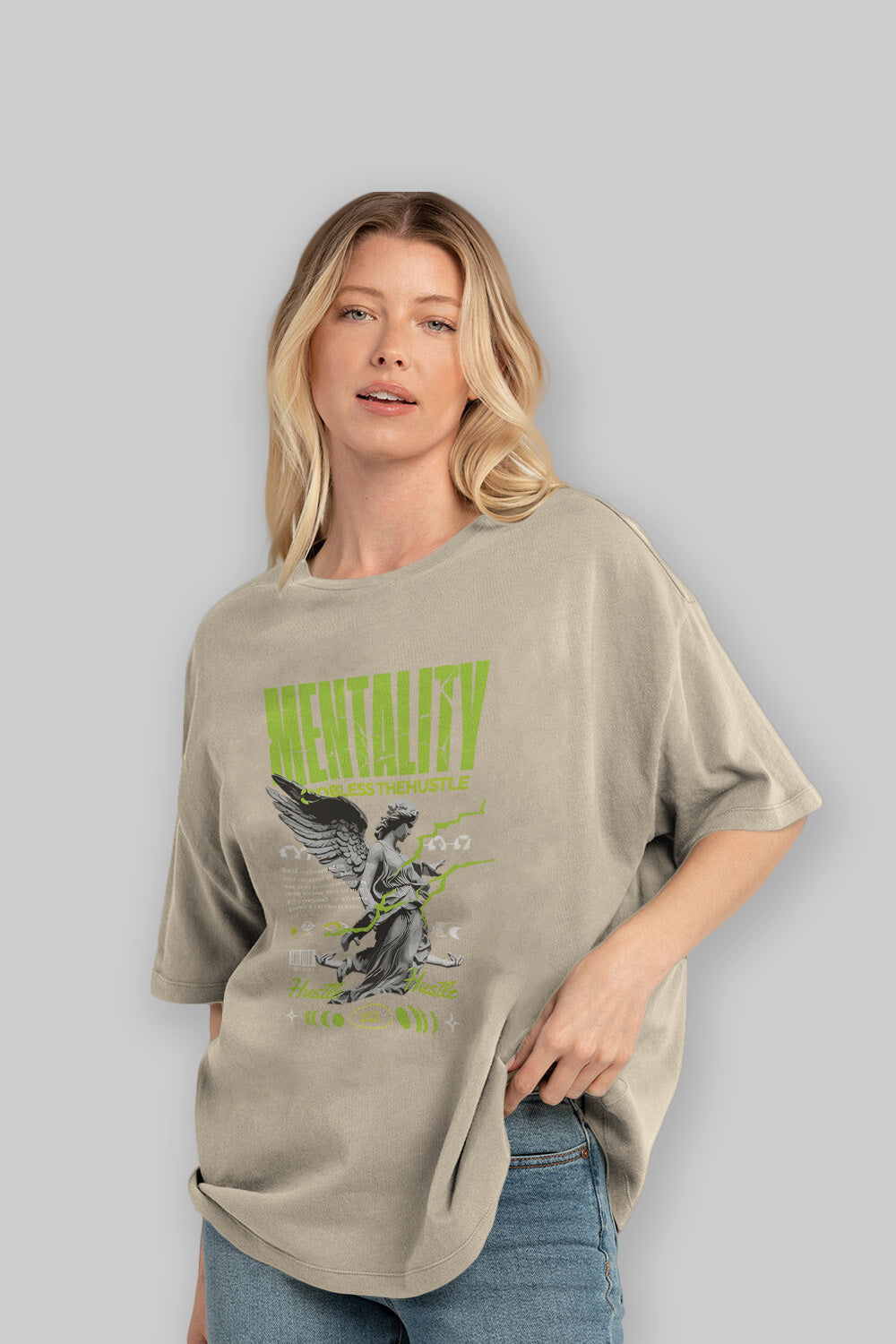 Mentality ön Baskılı Oversize t-shirt Erkek Kadın %100 Pamuk Bisiklet Yaka tişort