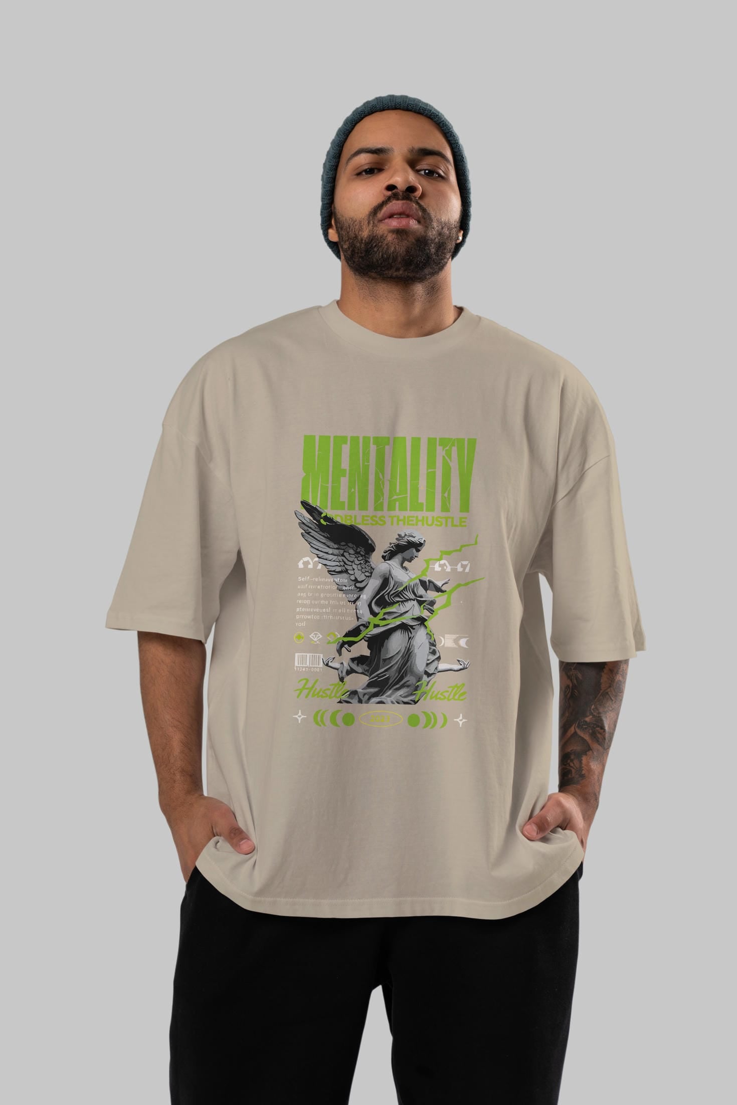 Mentality ön Baskılı Oversize t-shirt Erkek Kadın %100 Pamuk Bisiklet Yaka tişort