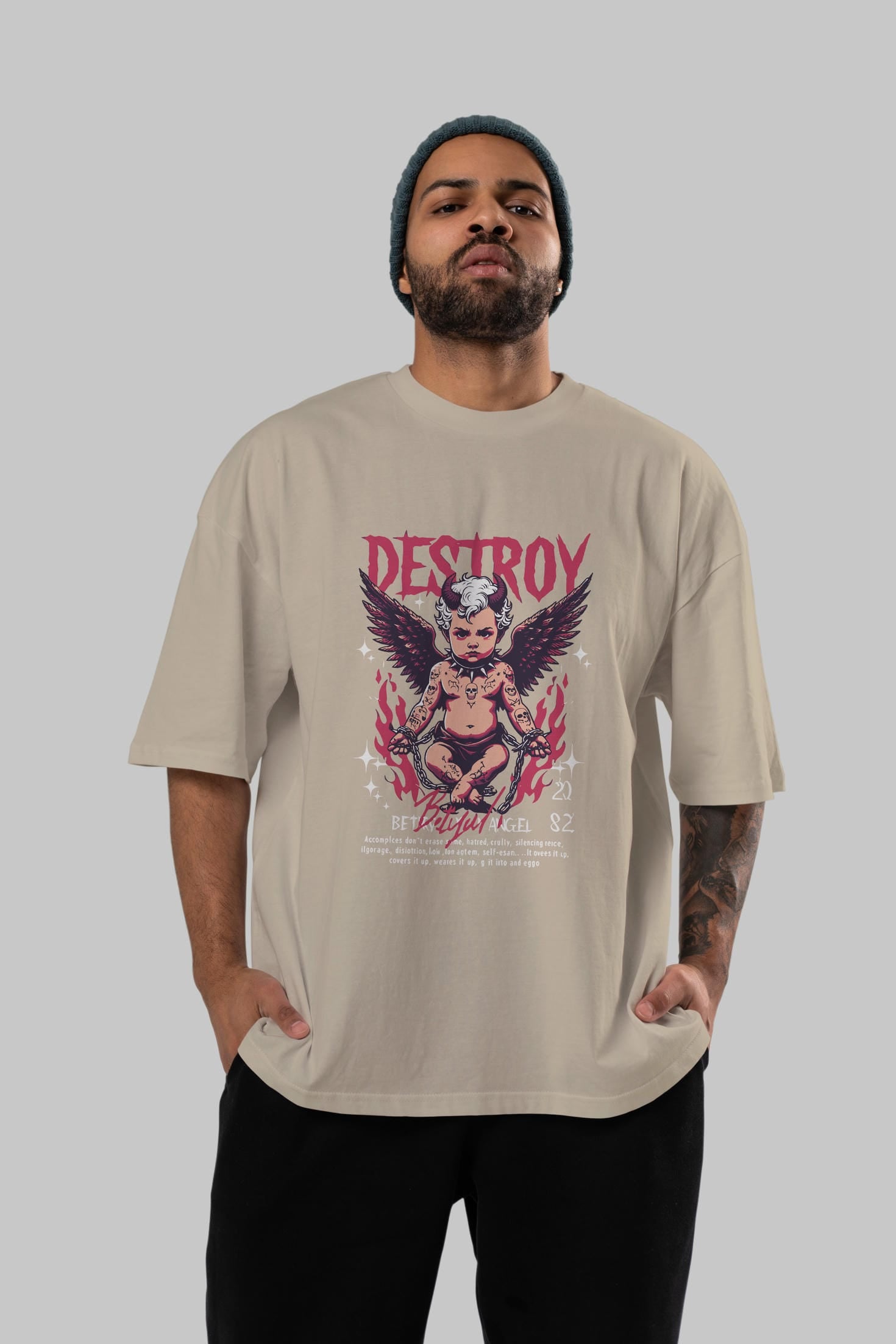 Destroy ön Baskılı Oversize t-shirt Erkek Kadın %100 Pamuk Bisiklet Yaka tişort