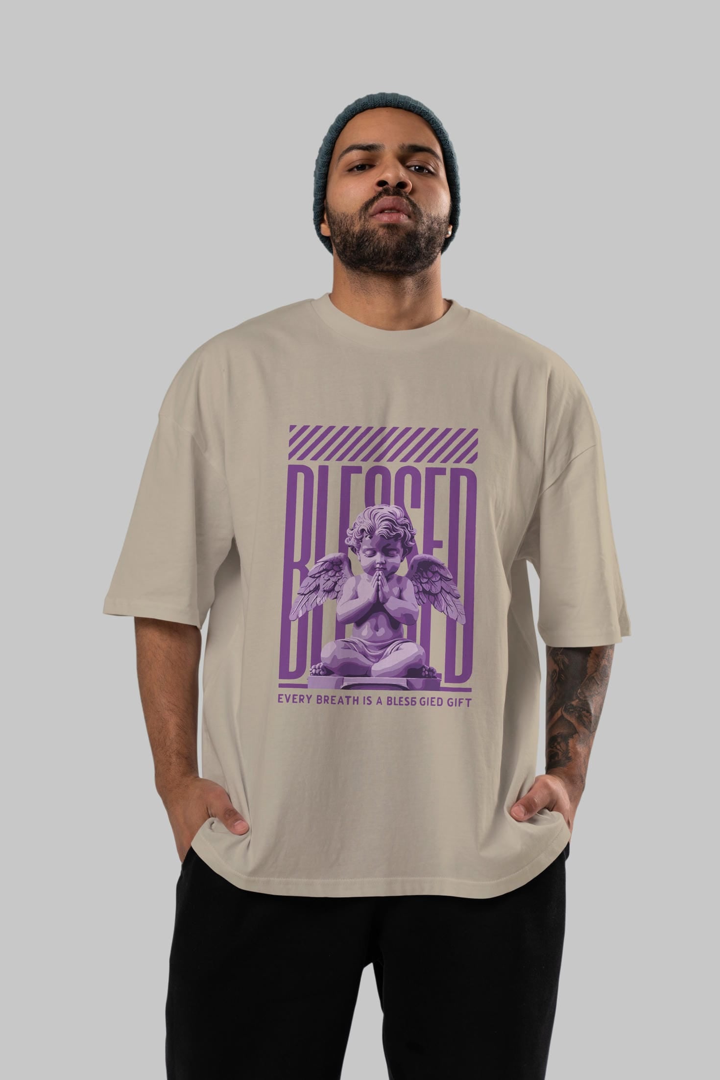 Blessed ön Baskılı Oversize t-shirt Erkek Kadın %100 Pamuk Bisiklet Yaka tişort