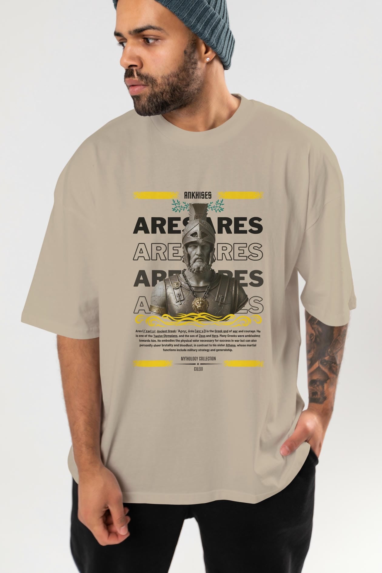 Ares 1 ön Baskılı Oversize t-shirt Erkek Kadın %100 Pamuk Bisiklet Yaka tişort