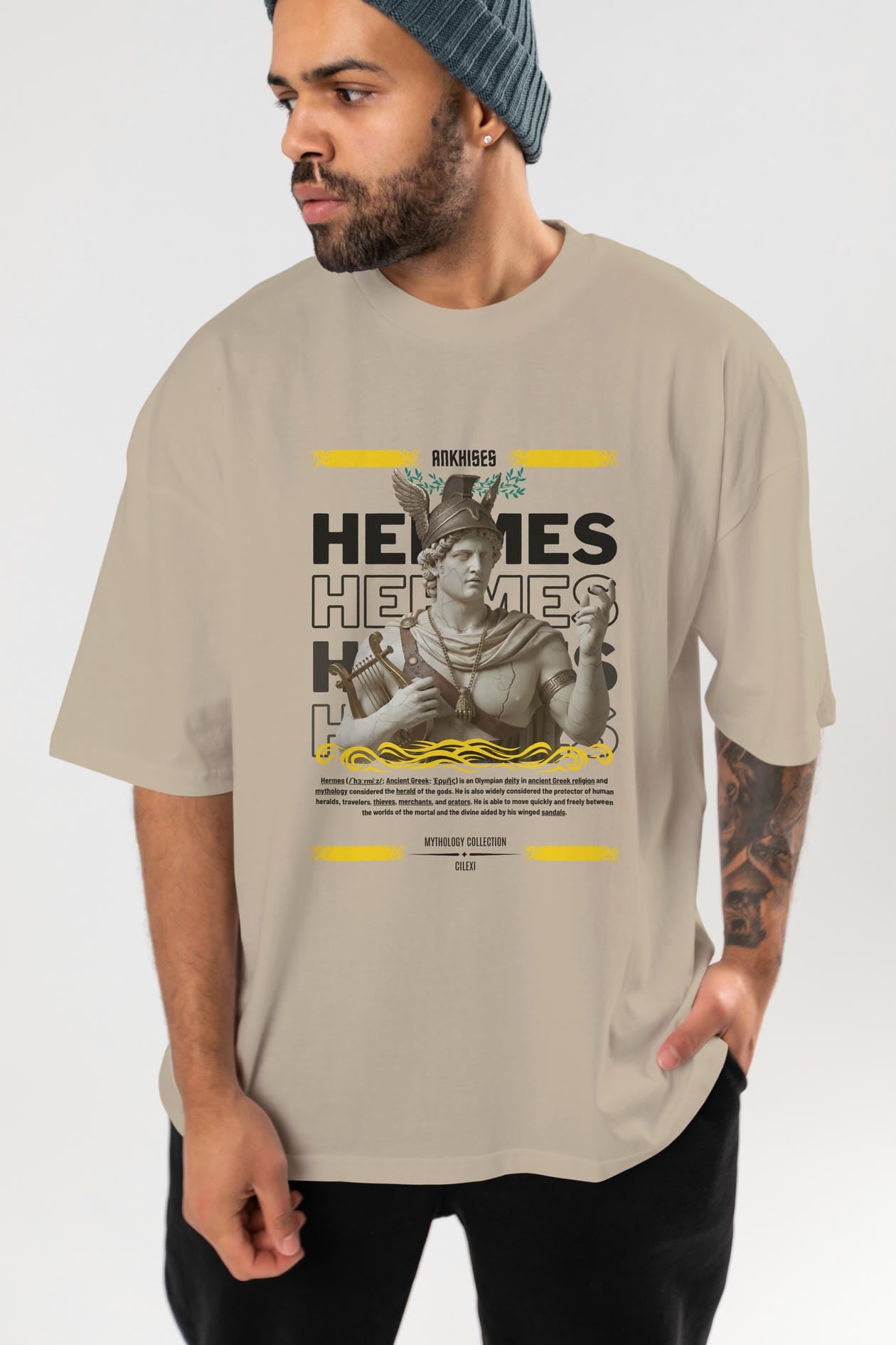 Hermes 2 ön Baskılı Oversize t-shirt Erkek Kadın %100 Pamuk Bisiklet Yaka tişort