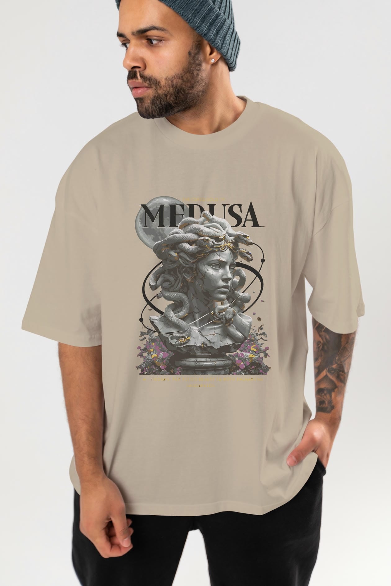 Medusa ön Baskılı Oversize t-shirt Erkek Kadın %100 Pamuk Bisiklet Yaka tişort