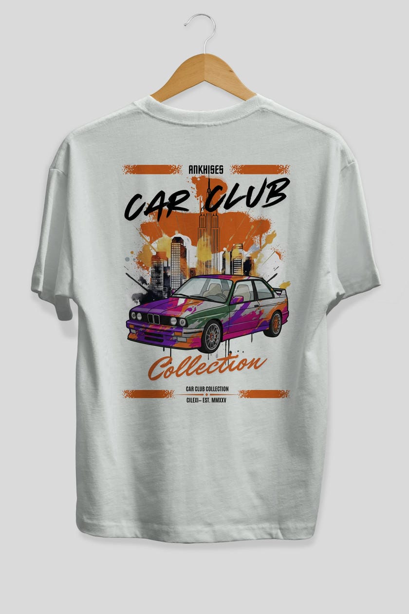 Araba Club Serisi 15 Baskılı Oversize t-shirt Erkek Kadın %100 Pamuk Bisiklet Yaka tişort