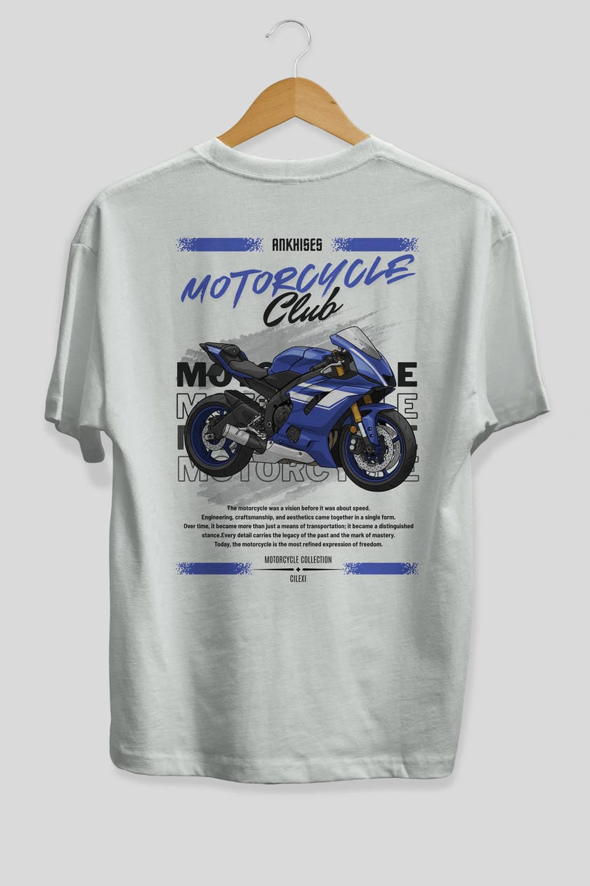 Motosiklet Serisi 32 Arka Baskılı Oversize t-shirt Erkek Kadın %100 Pamuk Bisiklet Yaka tişort