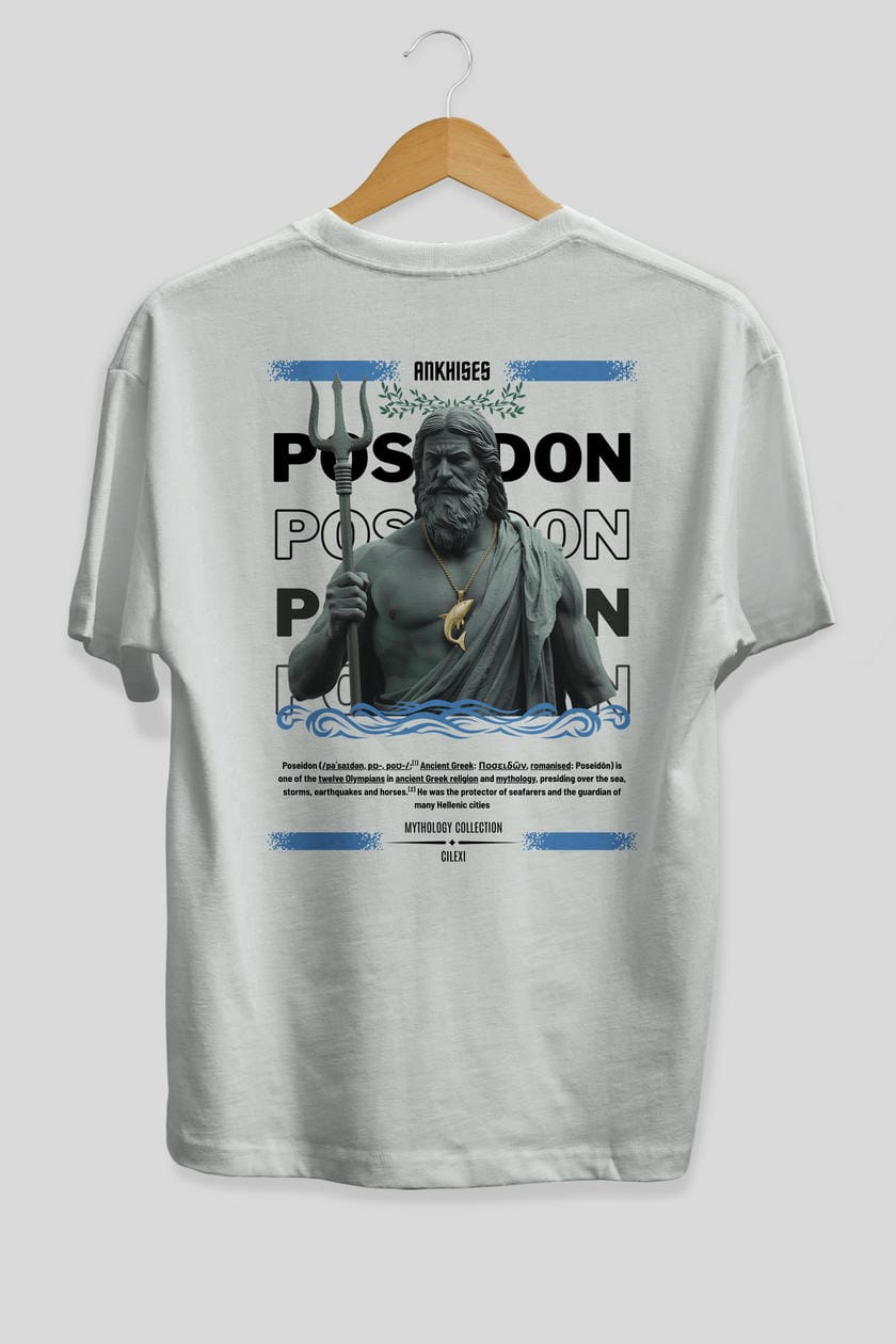Poseidon 2 Arka Baskılı Oversize t-shirt Erkek Kadın %100 Pamuk Bisiklet Yaka tişort