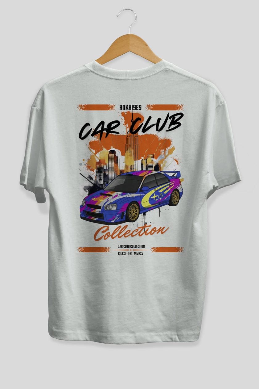 Araba Club Serisi 7 Baskılı Oversize t-shirt Erkek Kadın %100 Pamuk Bisiklet Yaka tişort