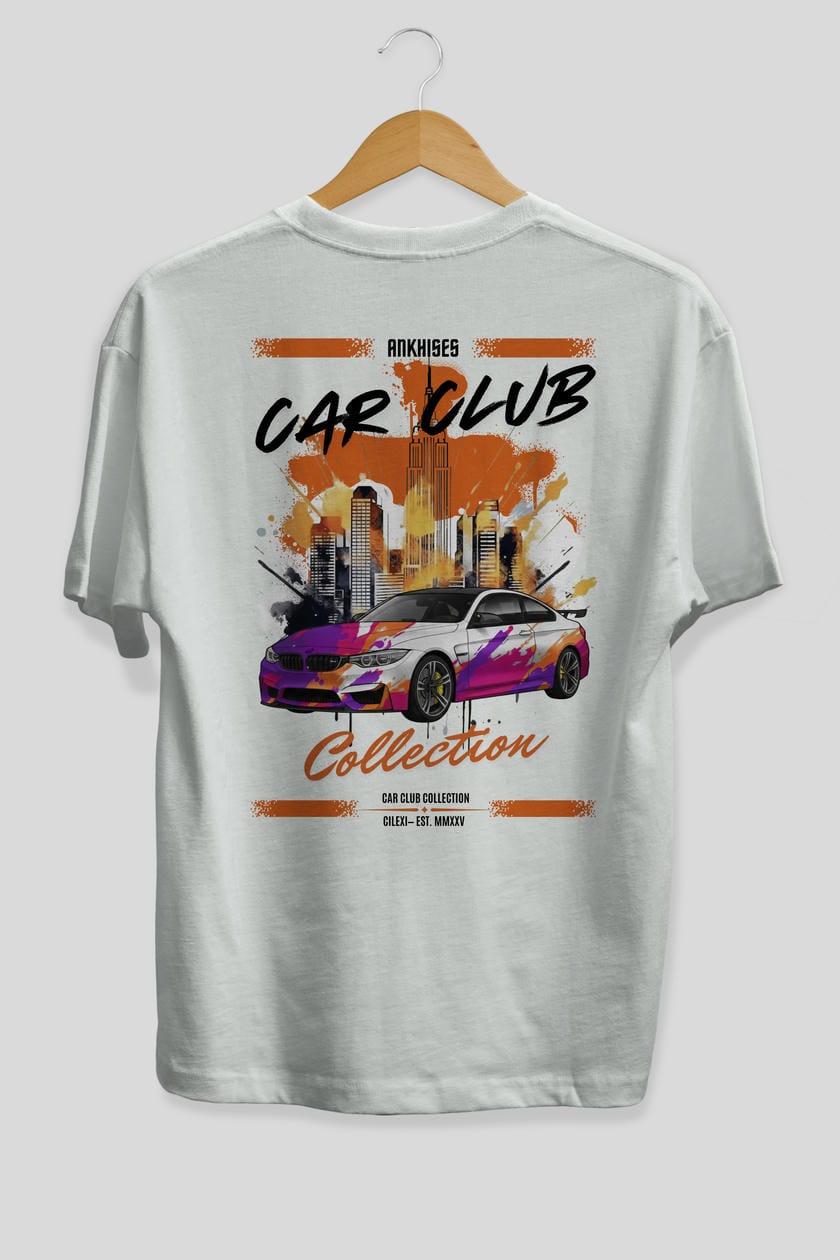 Araba Club Serisi 16 Baskılı Oversize t-shirt Erkek Kadın %100 Pamuk Bisiklet Yaka tişort
