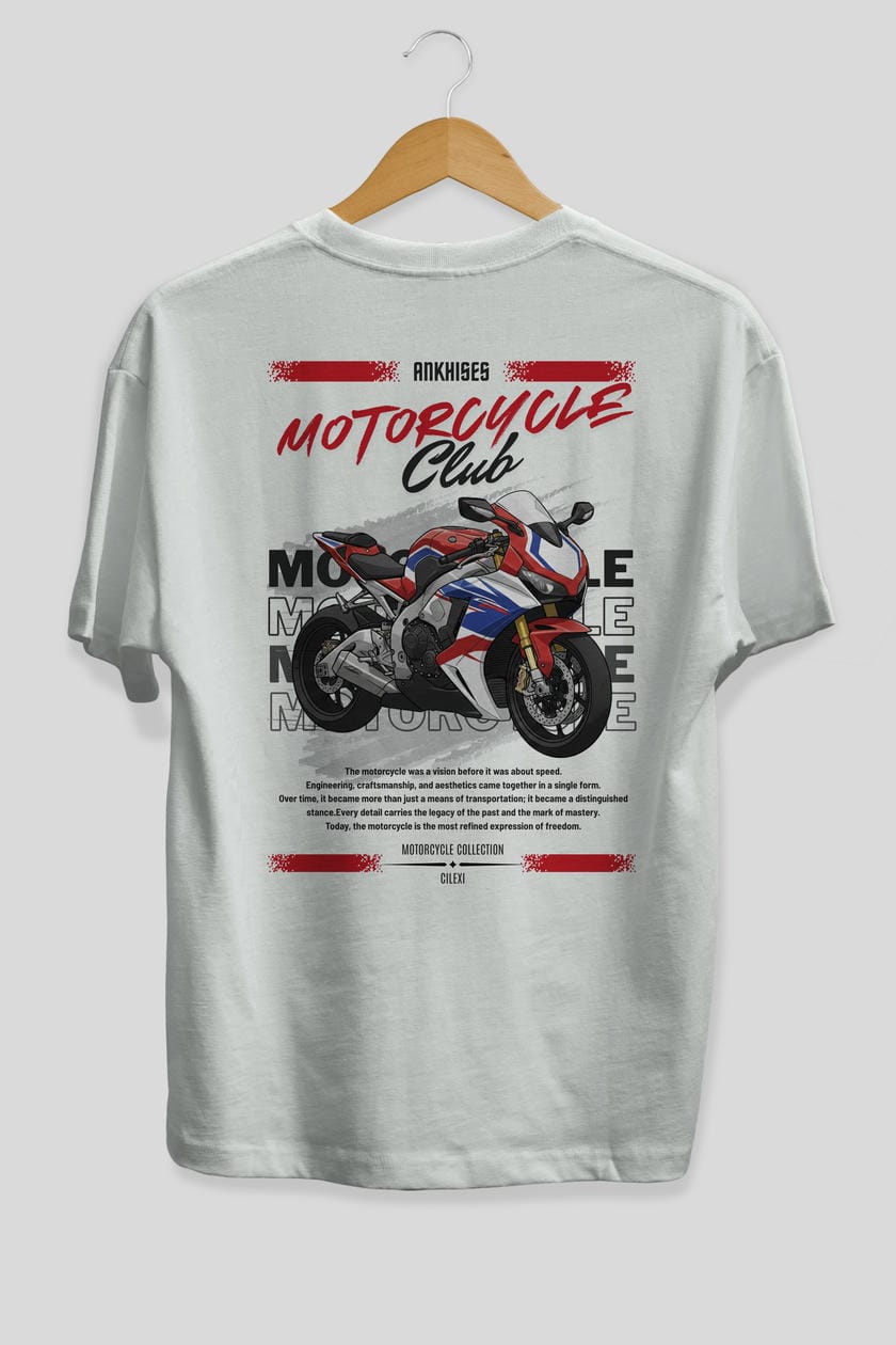 Motosiklet Serisi 4 Arka Baskılı Oversize t-shirt Erkek Kadın %100 Pamuk Bisiklet Yaka tişort
