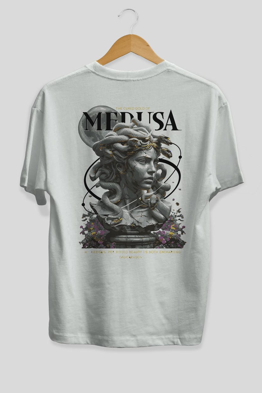 Medusa Arka Baskılı Oversize t-shirt Erkek Kadın %100 Pamuk Bisiklet Yaka tişort