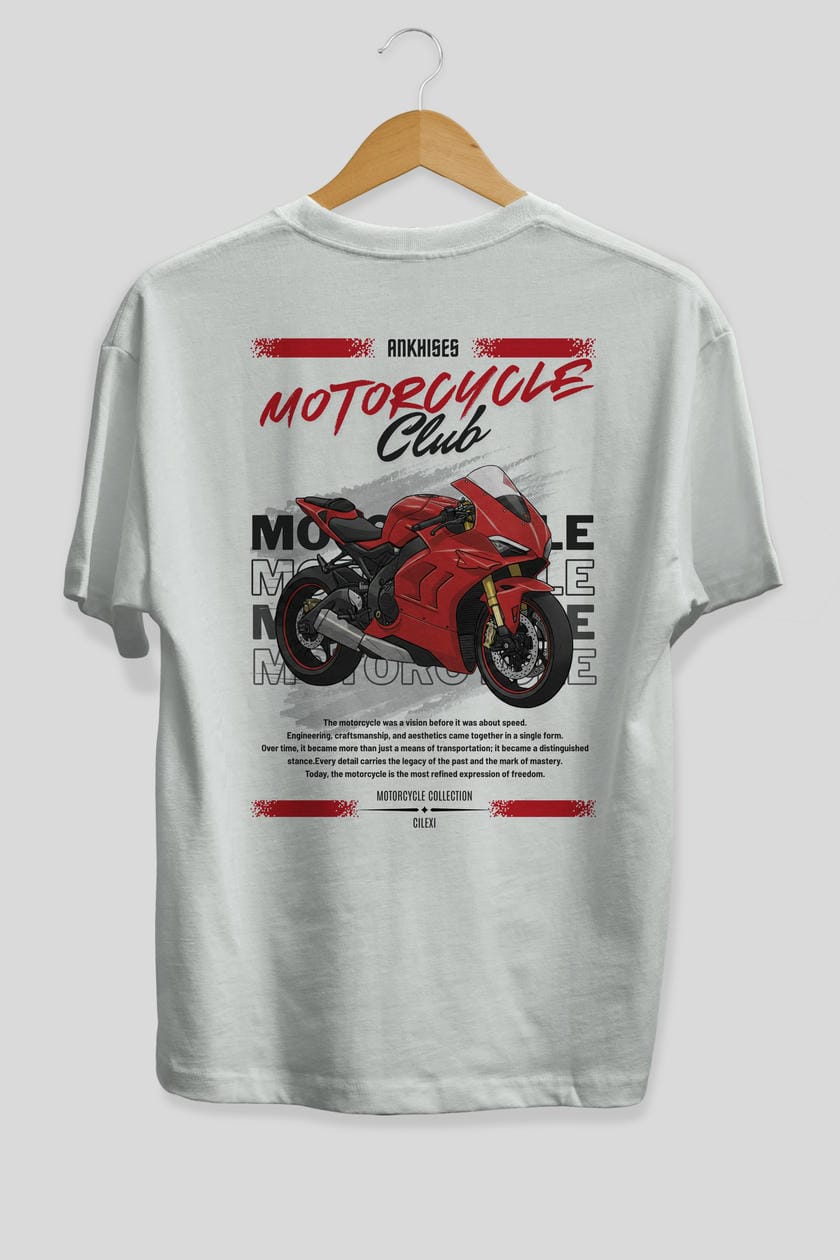 Motosiklet Serisi 7 Arka Baskılı Oversize t-shirt Erkek Kadın %100 Pamuk Bisiklet Yaka tişort
