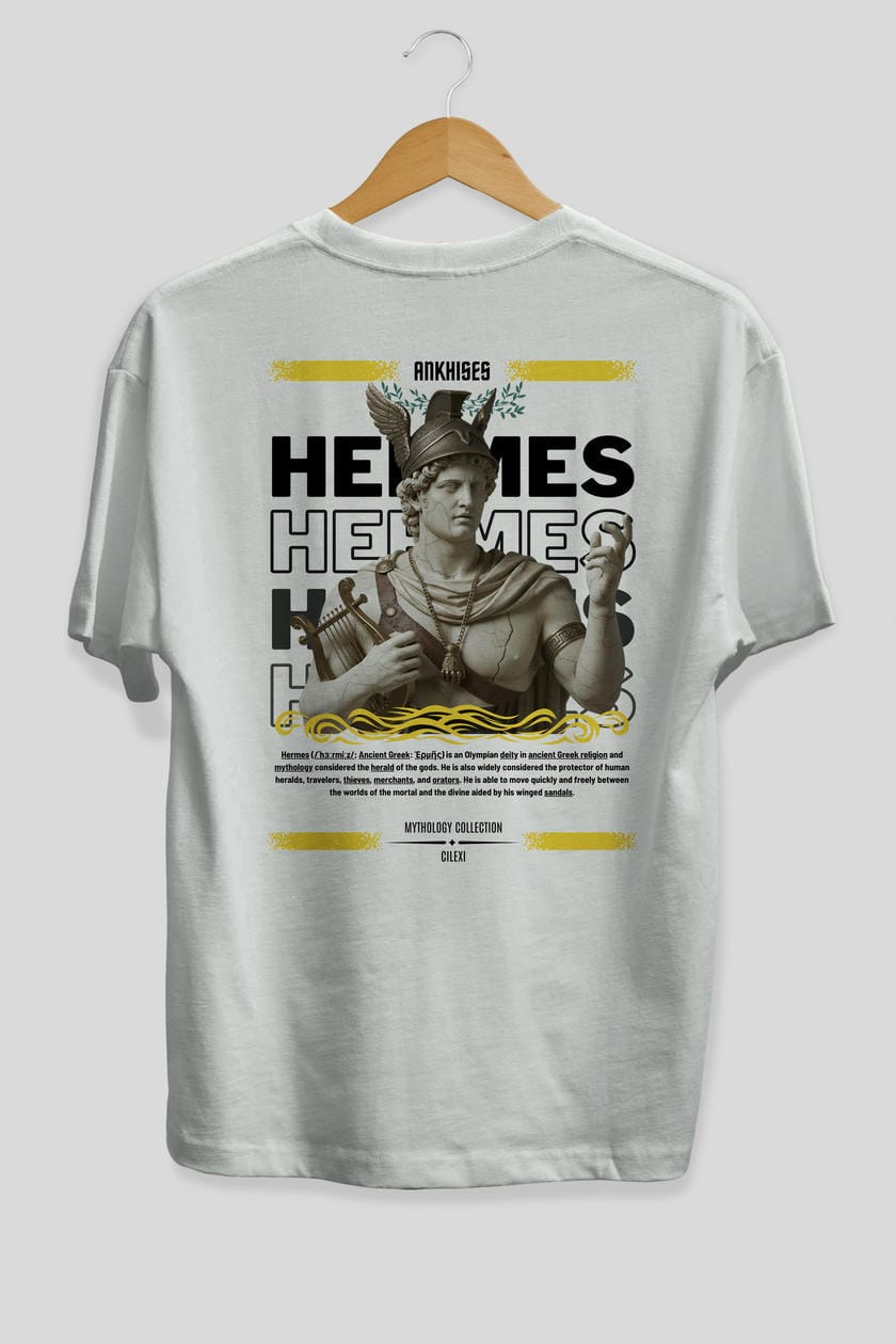 Hermes 2 Arka Baskılı Oversize t-shirt Erkek Kadın %100 Pamuk Bisiklet Yaka tişort
