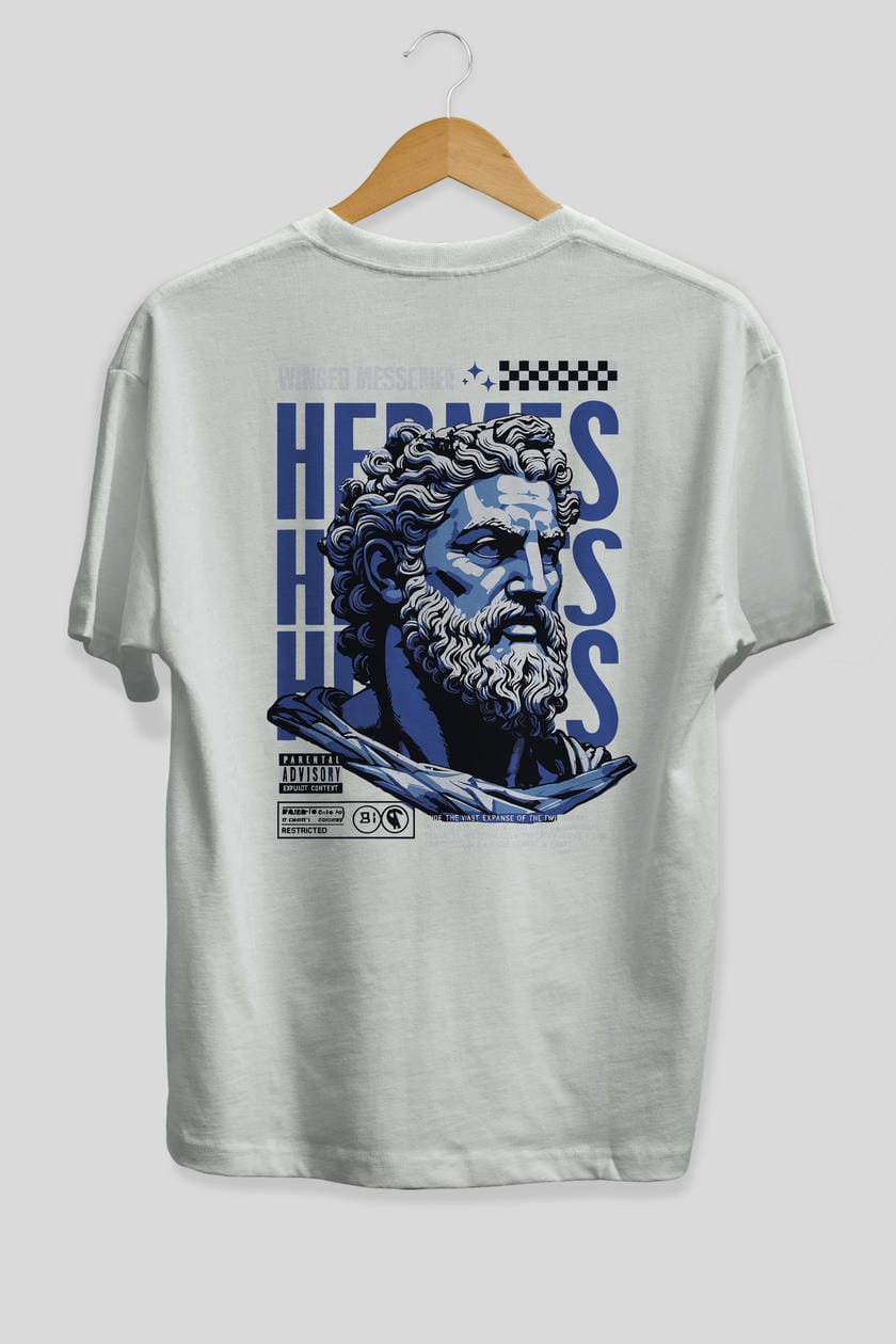 Hermes 1 Arka Baskılı Oversize t-shirt Erkek Kadın %100 Pamuk Bisiklet Yaka tişort