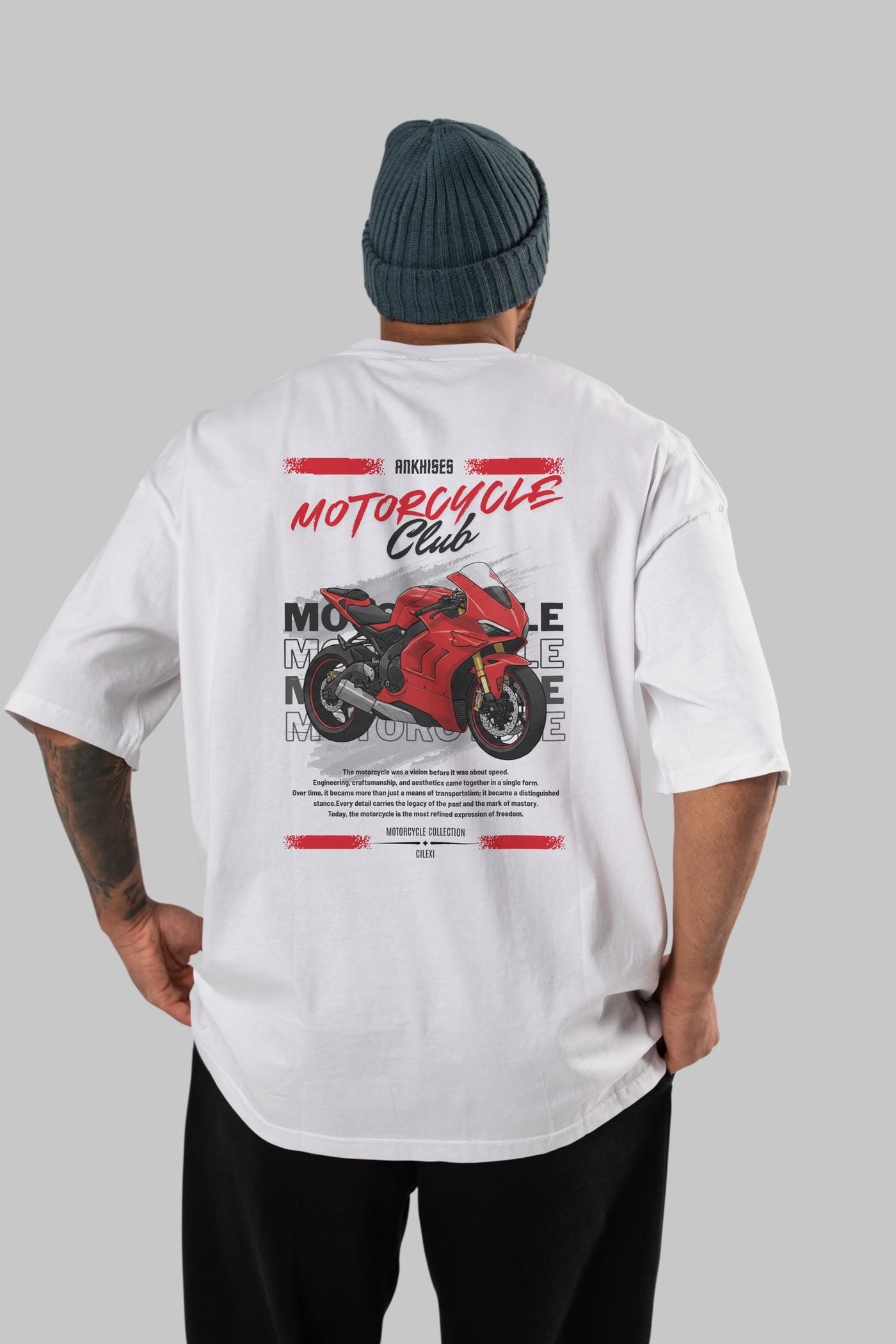 Motosiklet Serisi 7 Arka Baskılı Oversize t-shirt Erkek Kadın %100 Pamuk Bisiklet Yaka tişort