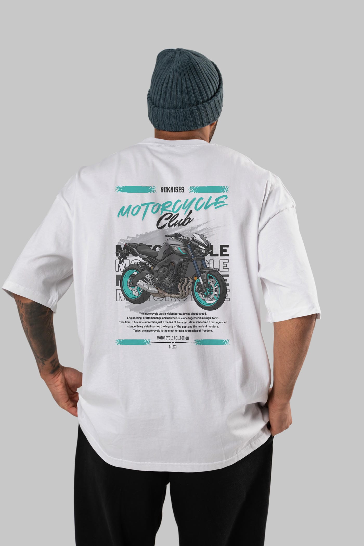 Motosiklet Serisi 21 Arka Baskılı Oversize t-shirt Erkek Kadın %100 Pamuk Bisiklet Yaka tişort