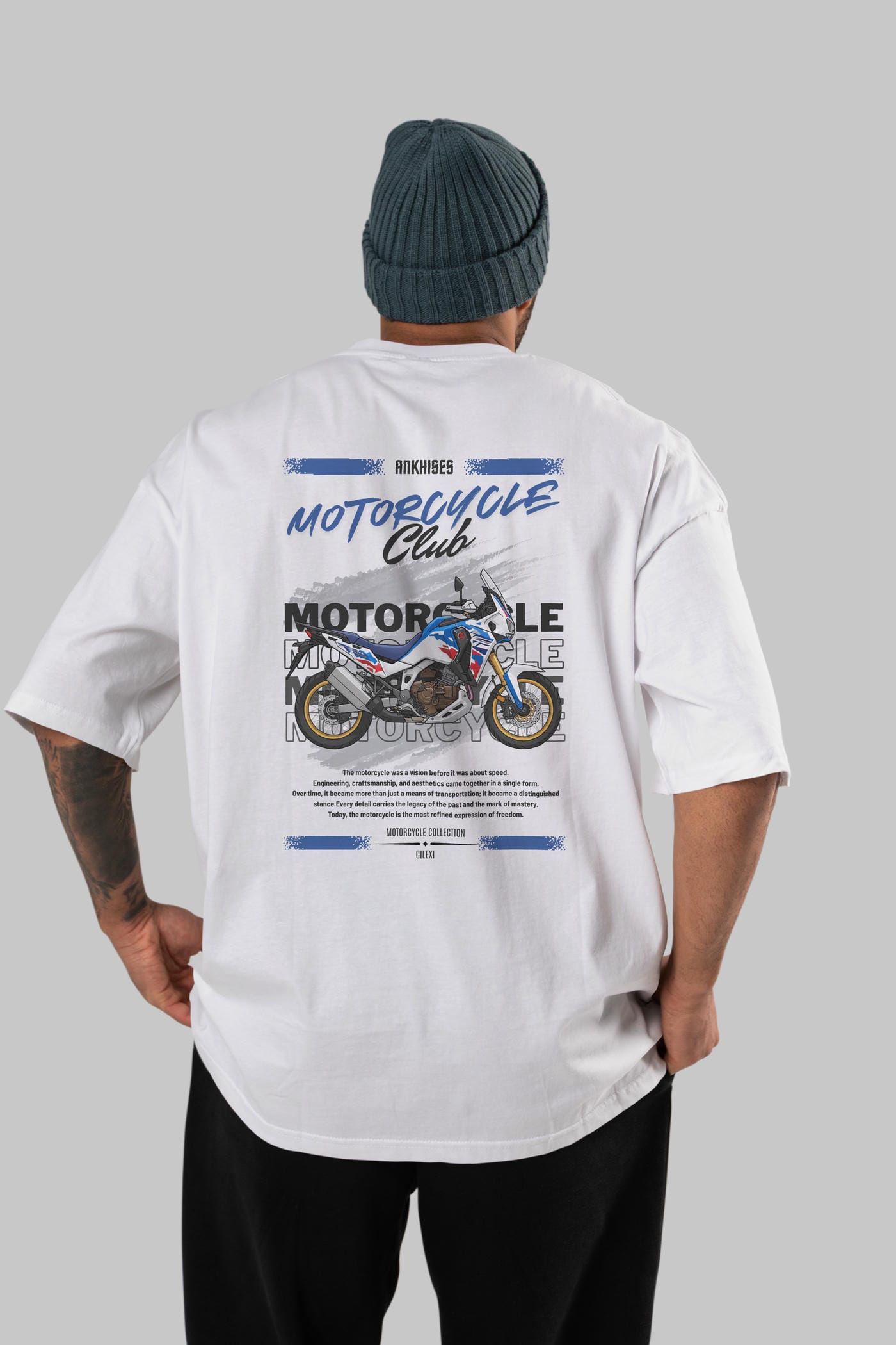 Motosiklet Serisi 23 Arka Baskılı Oversize t-shirt Erkek Kadın %100 Pamuk Bisiklet Yaka tişort