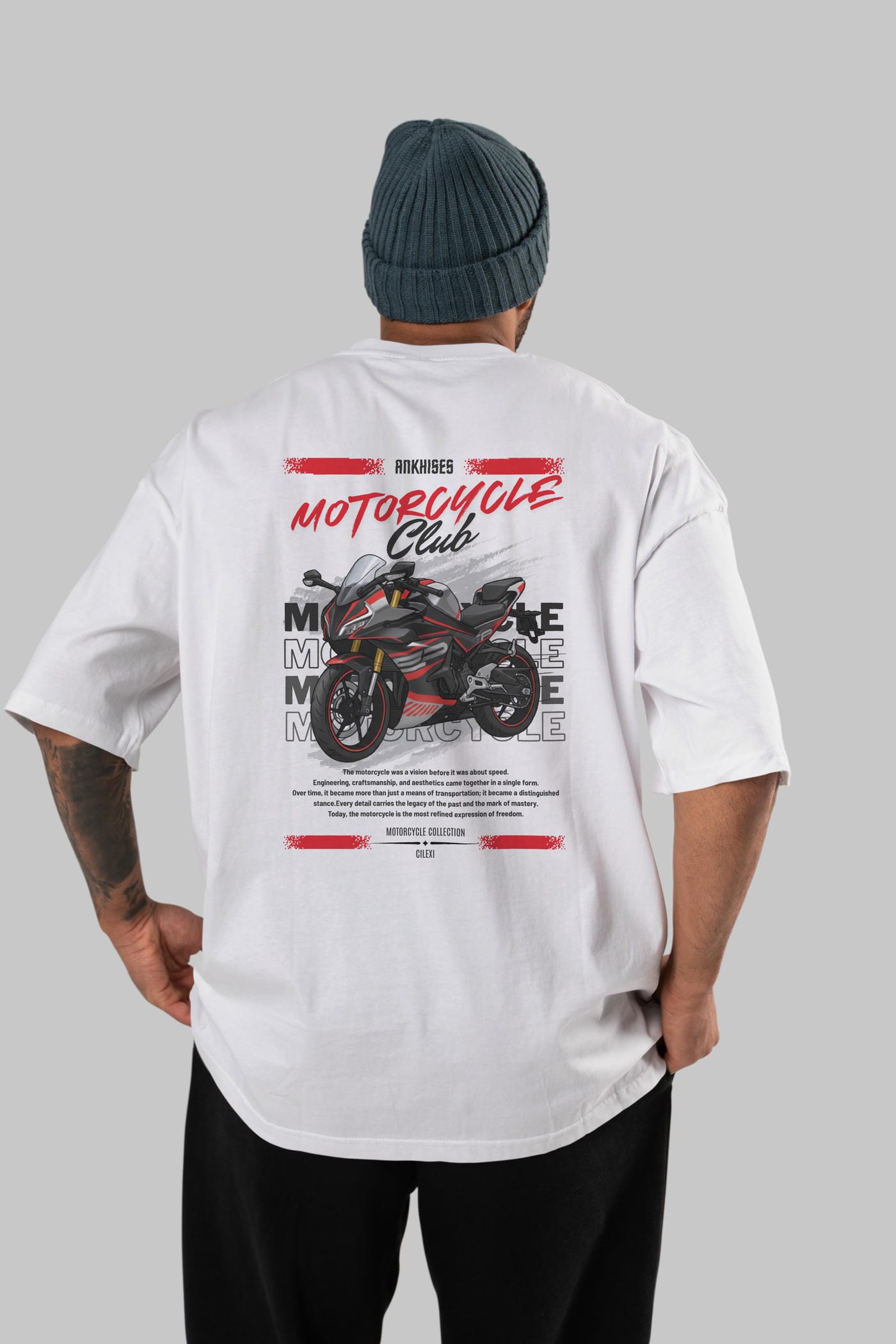 Motosiklet Serisi 17 Arka Baskılı Oversize t-shirt Erkek Kadın %100 Pamuk Bisiklet Yaka tişort