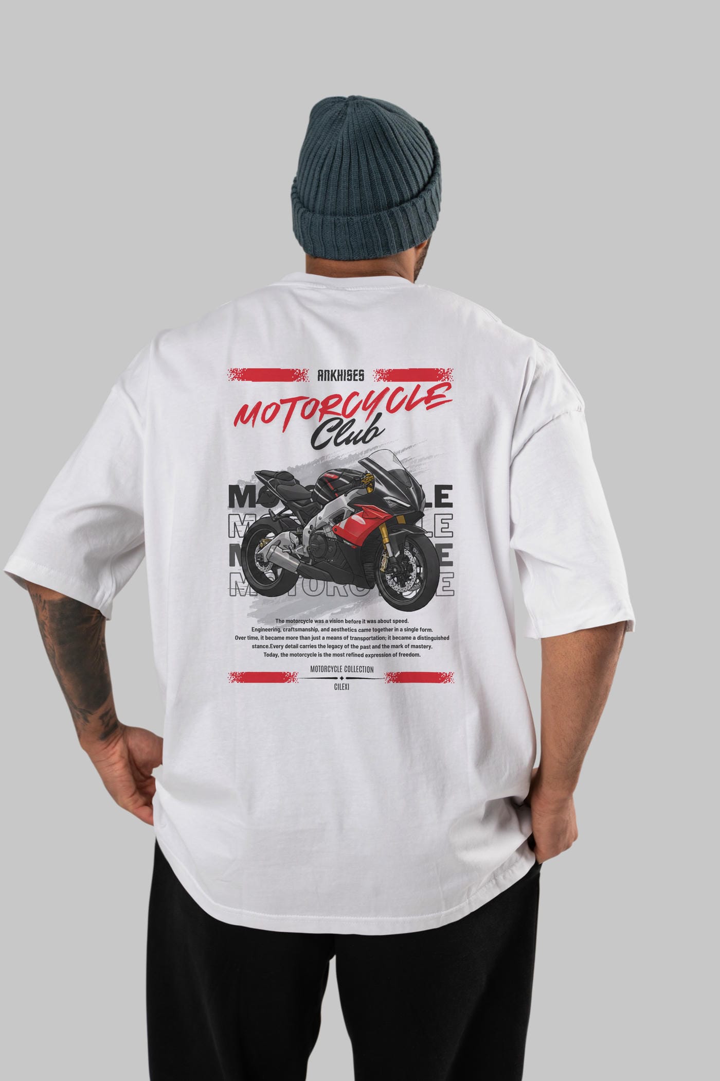 Motosiklet Serisi 8 Arka Baskılı Oversize t-shirt Erkek Kadın %100 Pamuk Bisiklet Yaka tişort